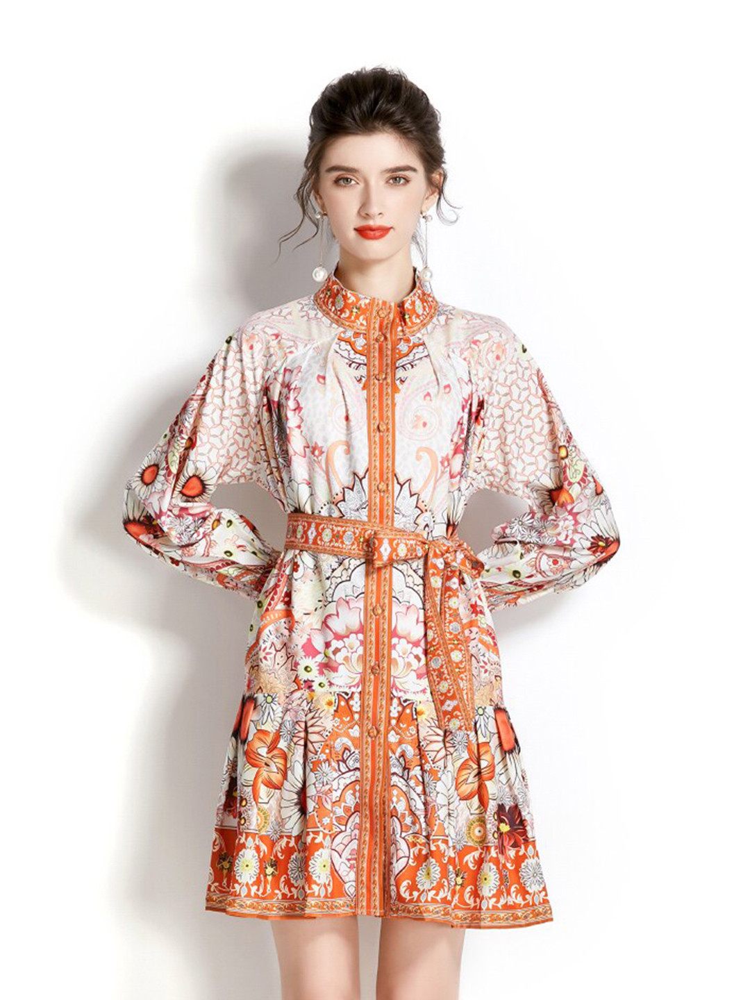 

JC Collection Floral Printed Mandarin Collar Cuffed Sleeves Dress, White