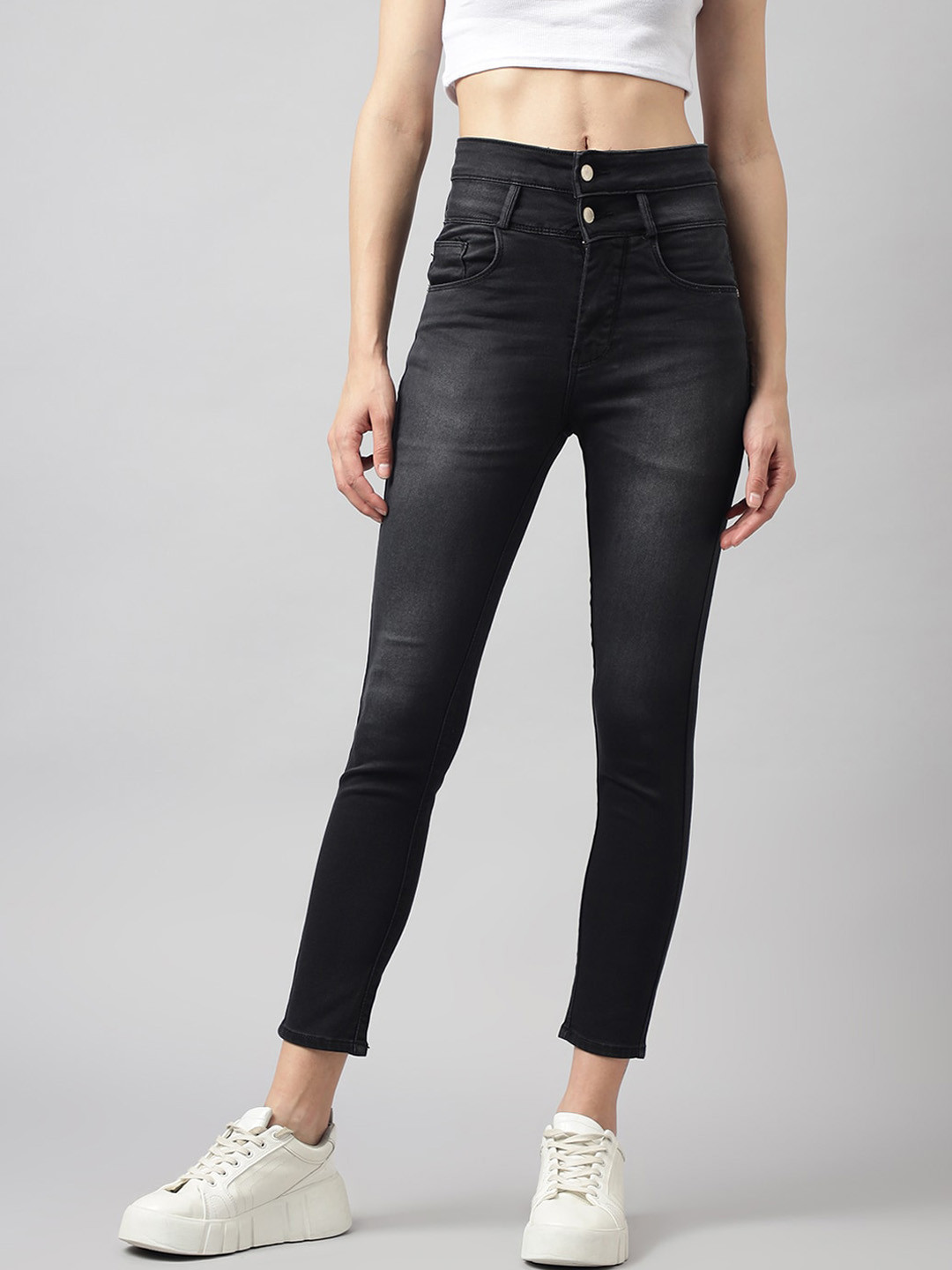

Code 61 Women Skinny Fit High-Rise Light Fade Stretchable Jeans, Charcoal
