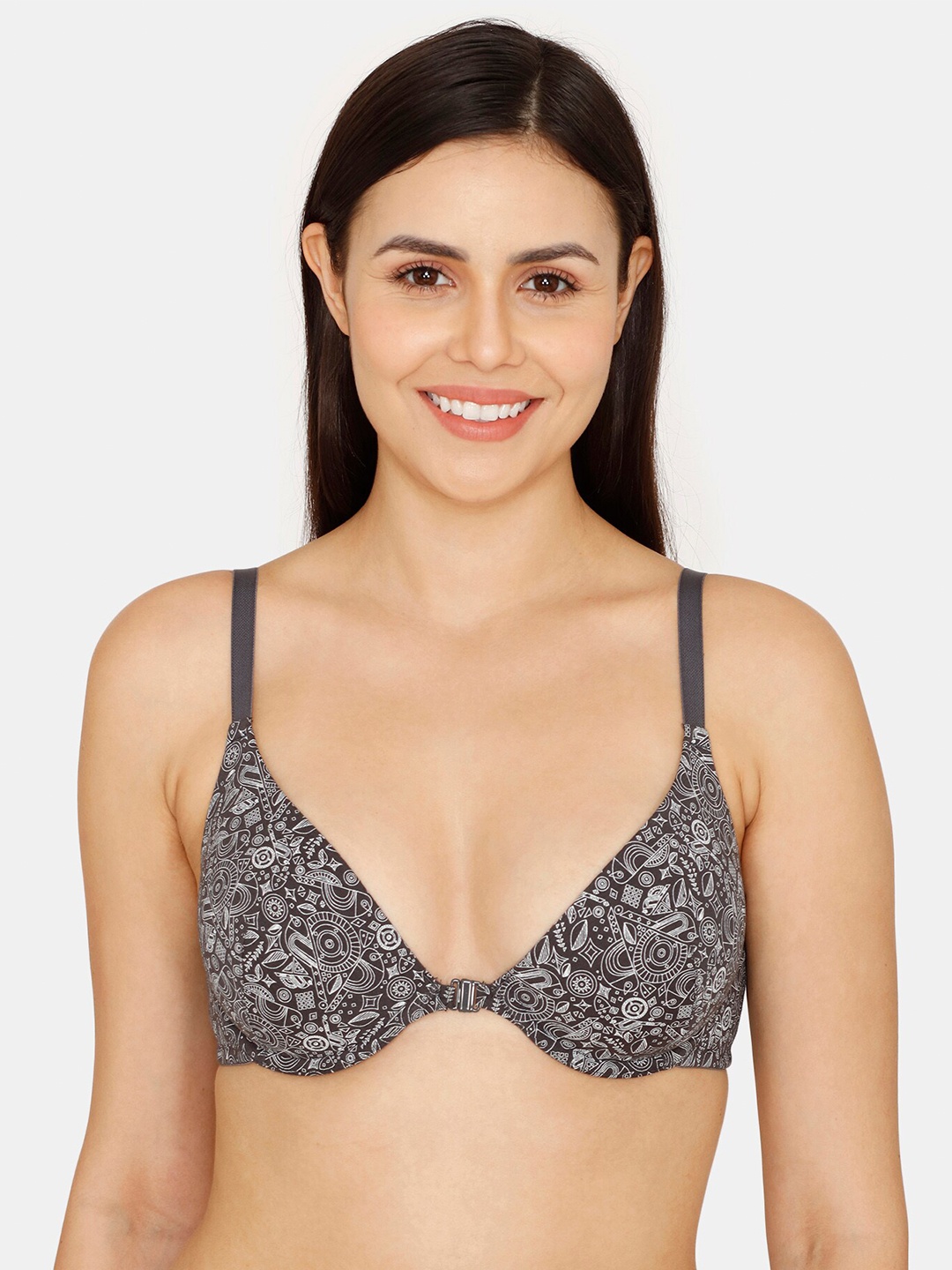 

Zivame Floral Underwired Lightly Padded All Day Comfort Seamless T-shirt Bra, Grey