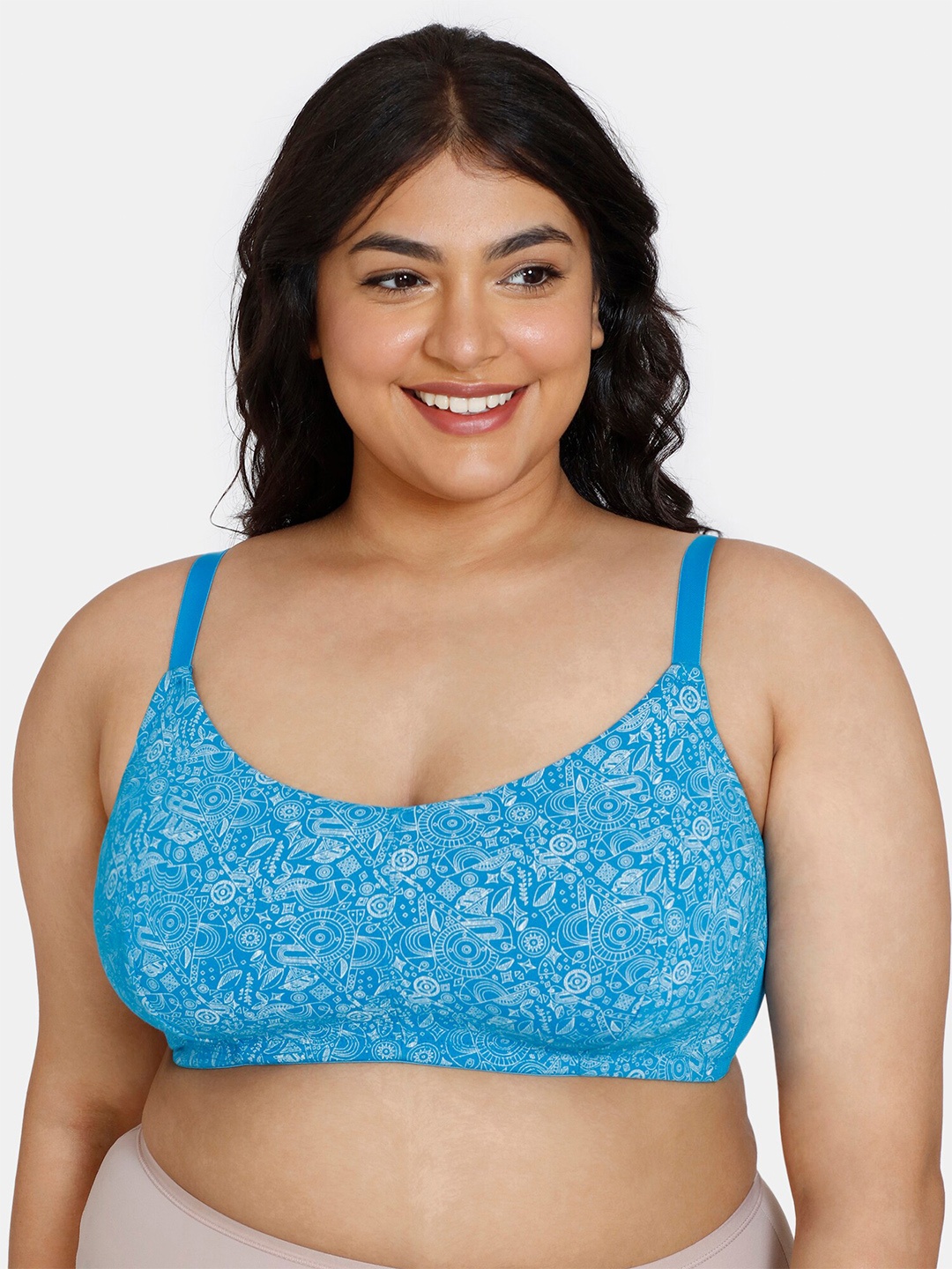 

Zivame Printed Cotton All Day Comfort Medium Support Full Coverage Seamless Everyday Bra, Blue