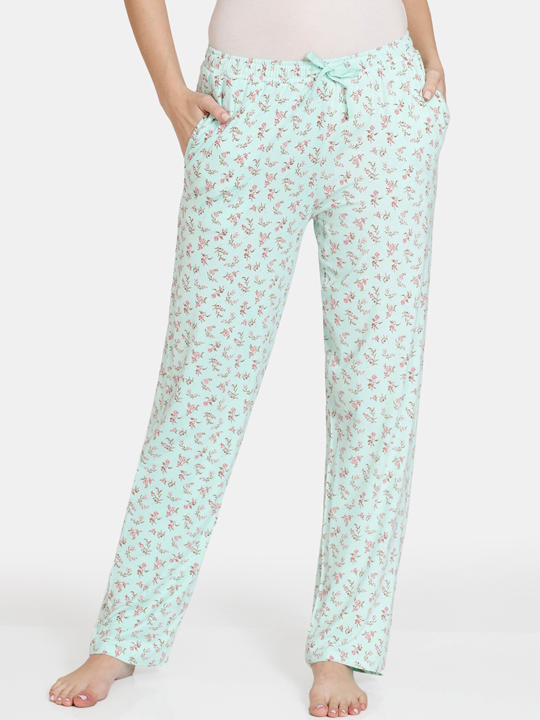 

Zivame Woman Printed Cotton Inner Elastic Mid-Rise Lounge Pants, Sea green