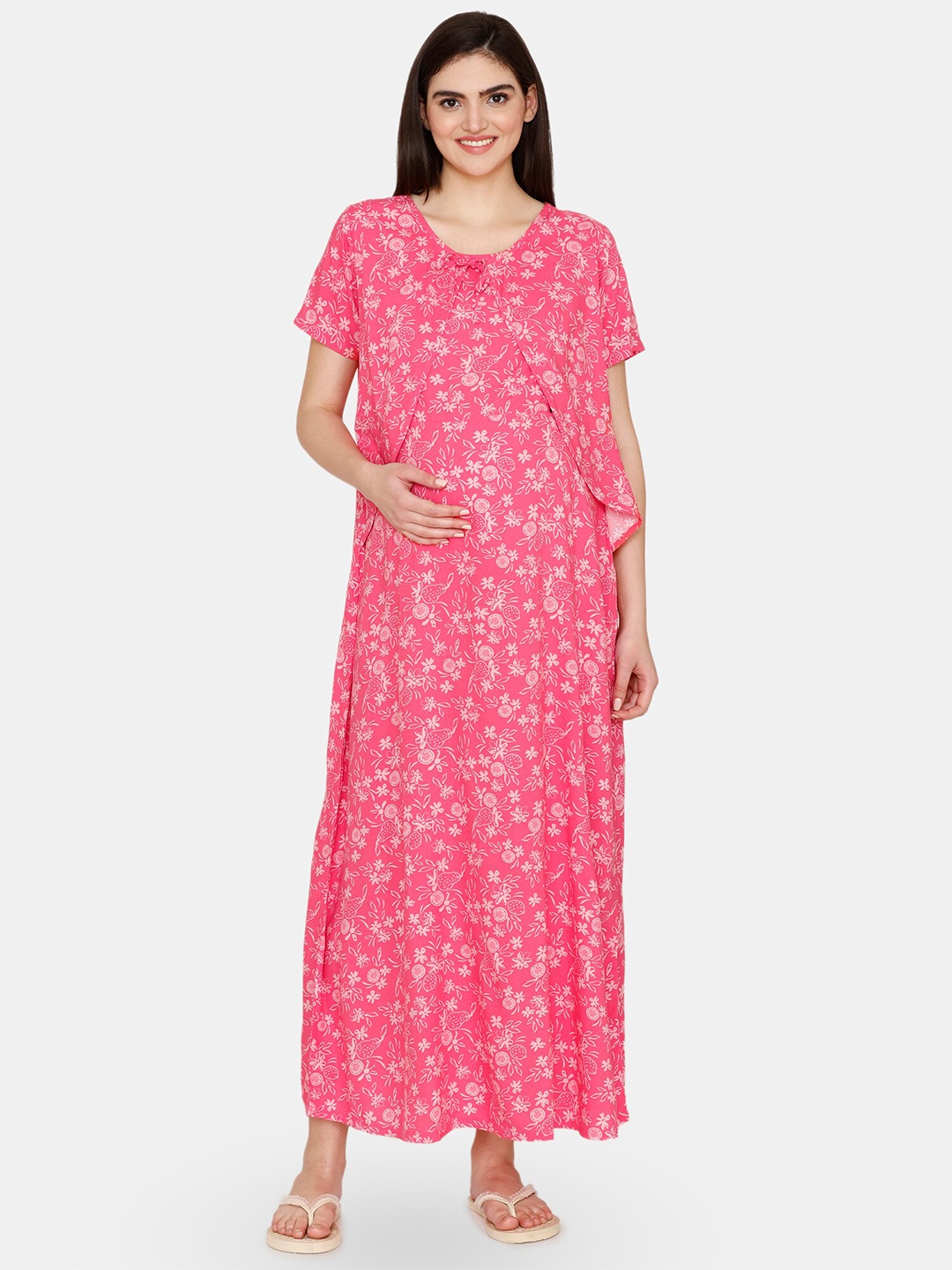 

Coucou by Zivame Floral Printed Maternity Maxi Nightdress, Pink