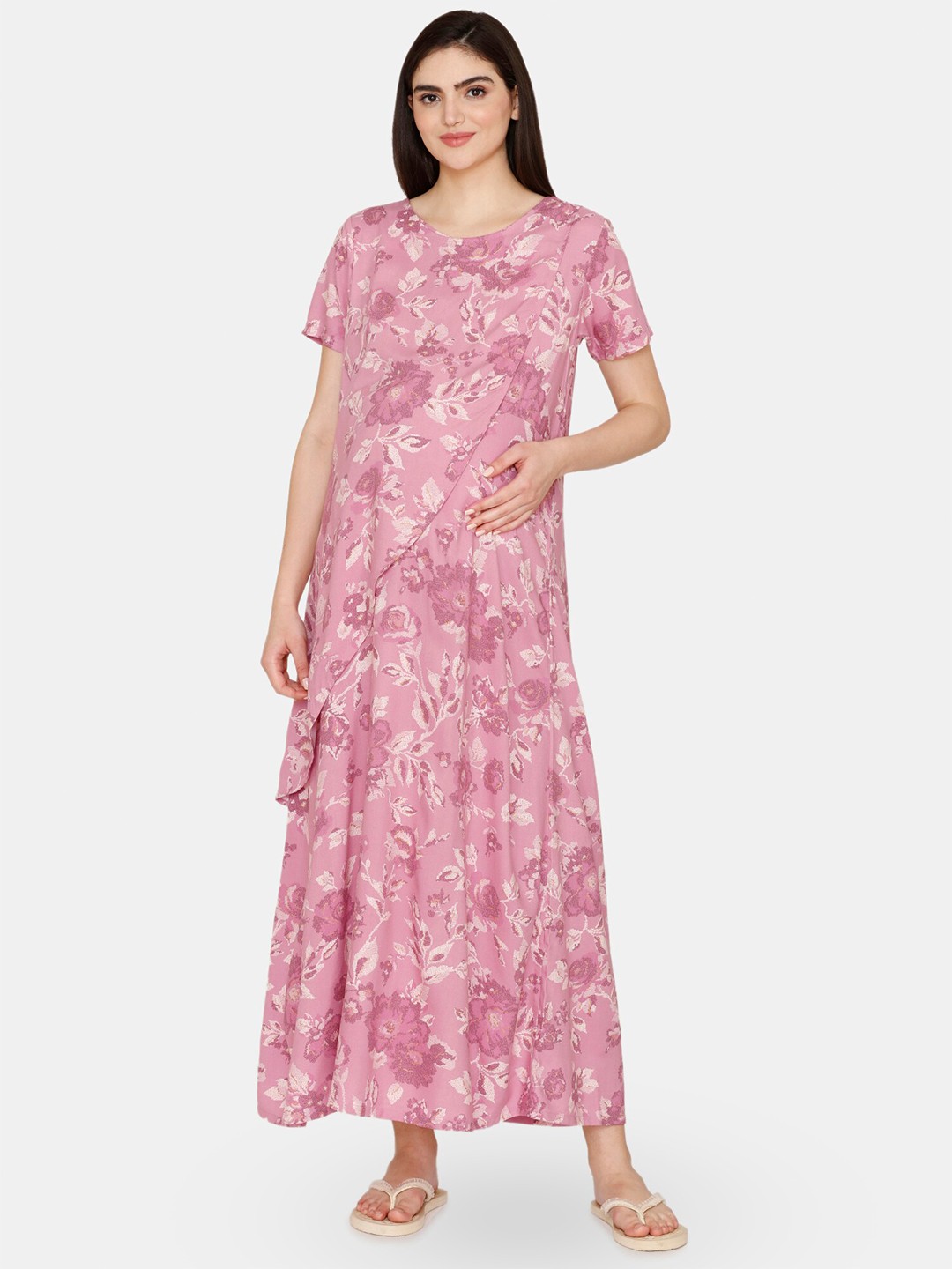 

Coucou by Zivame Floral Printed Pure Cotton Maternity Maxi Nightdress, Pink