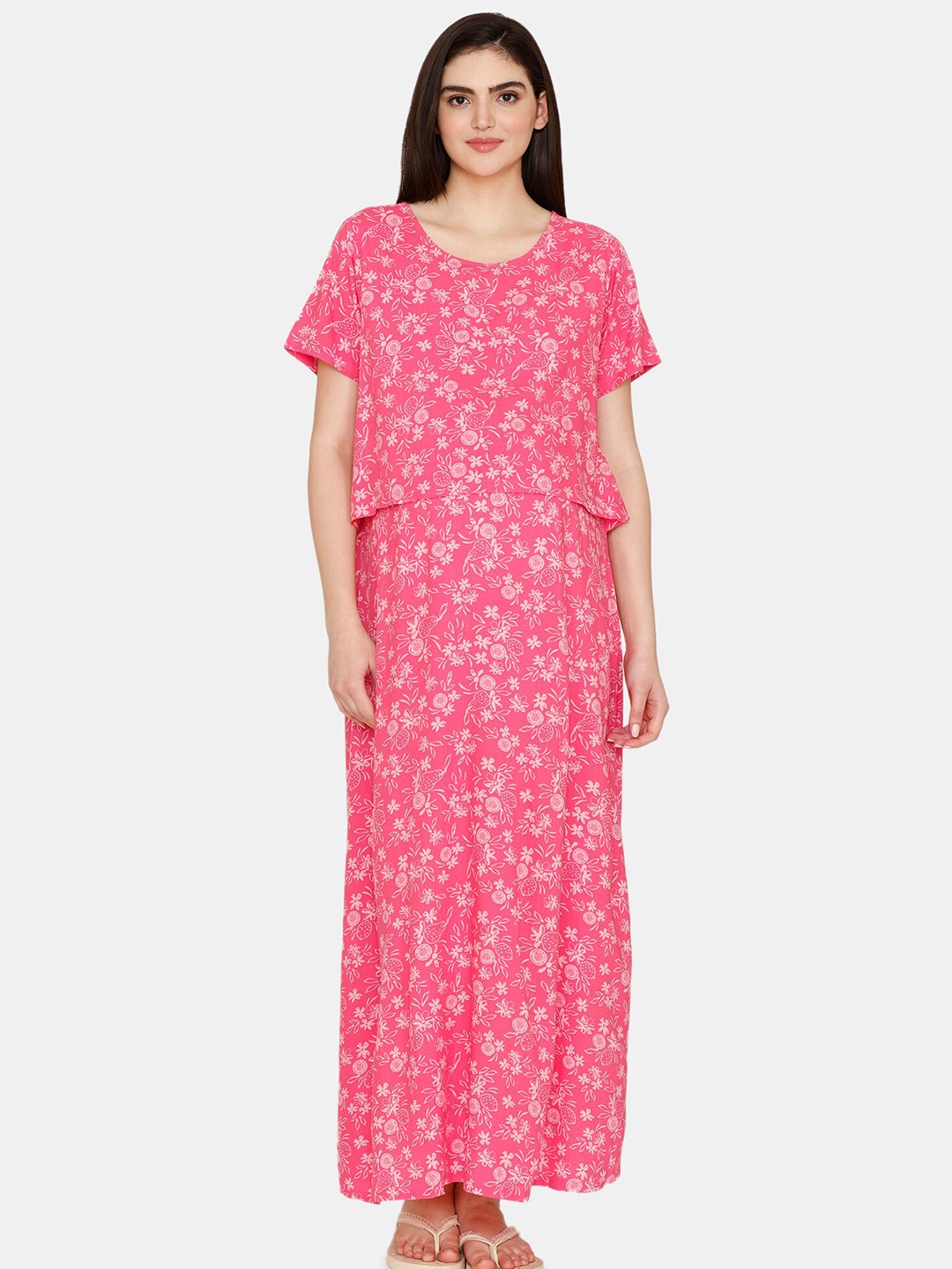 

Coucou by Zivame Floral Printed Maternity Maxi Nightdress, Pink