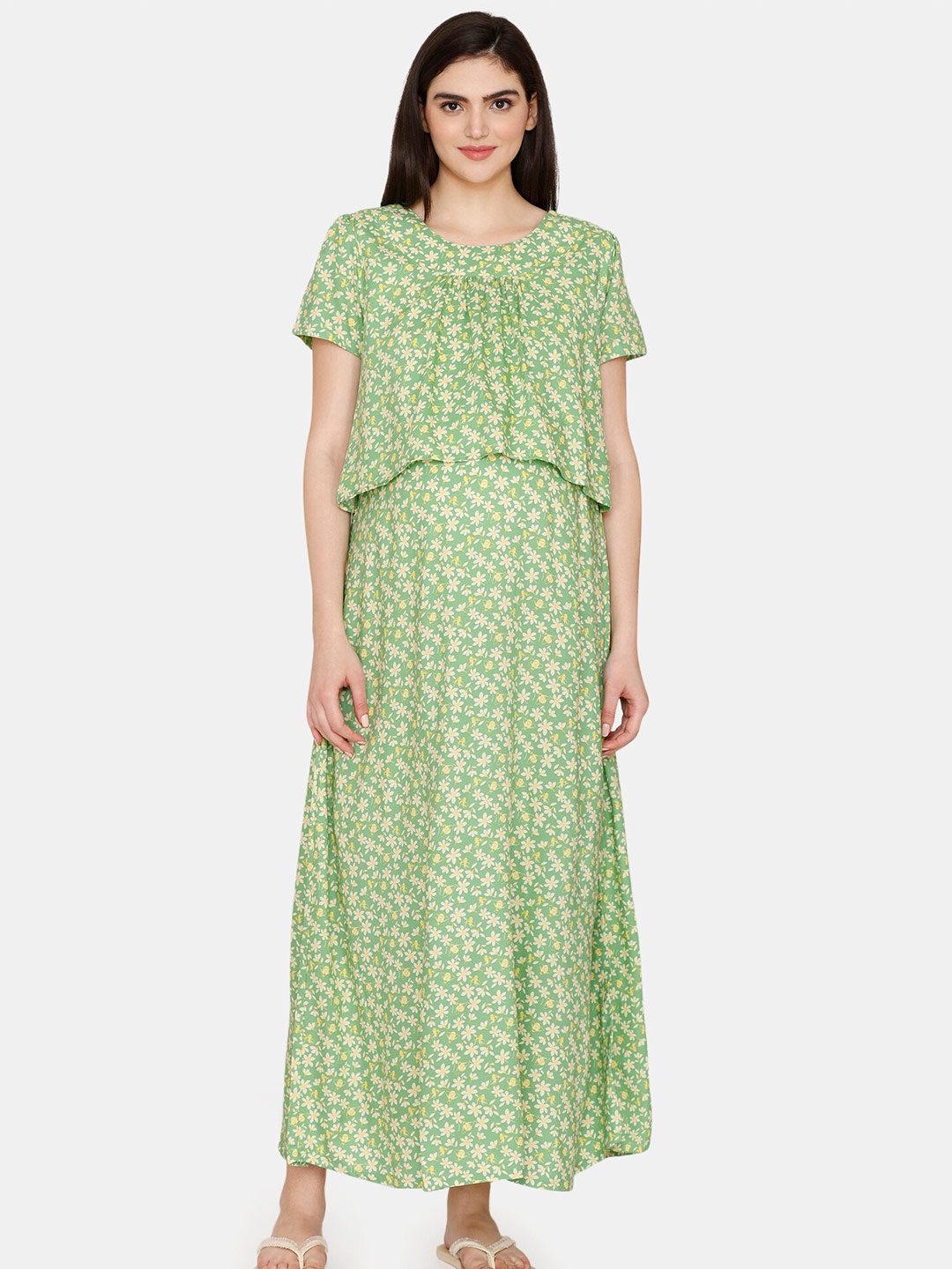 

Coucou by Zivame Floral Printed Maternity Maxi Nightdress, Green