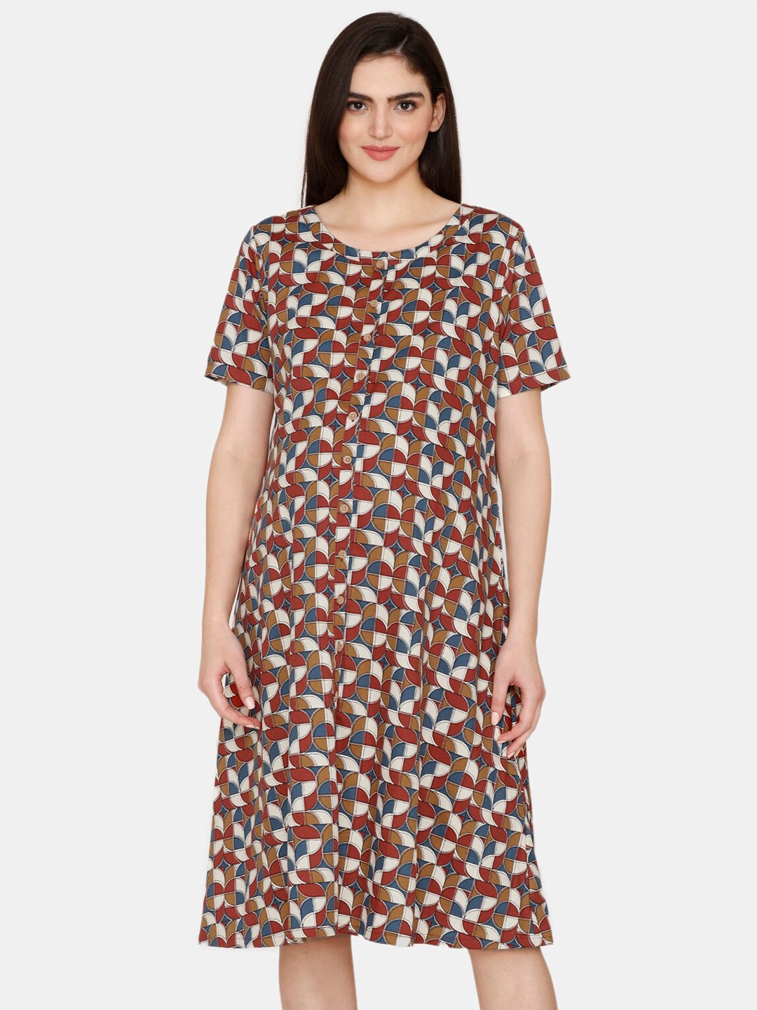

Coucou by Zivame Geometric Printed Maternity Midi Nightdress, Brown