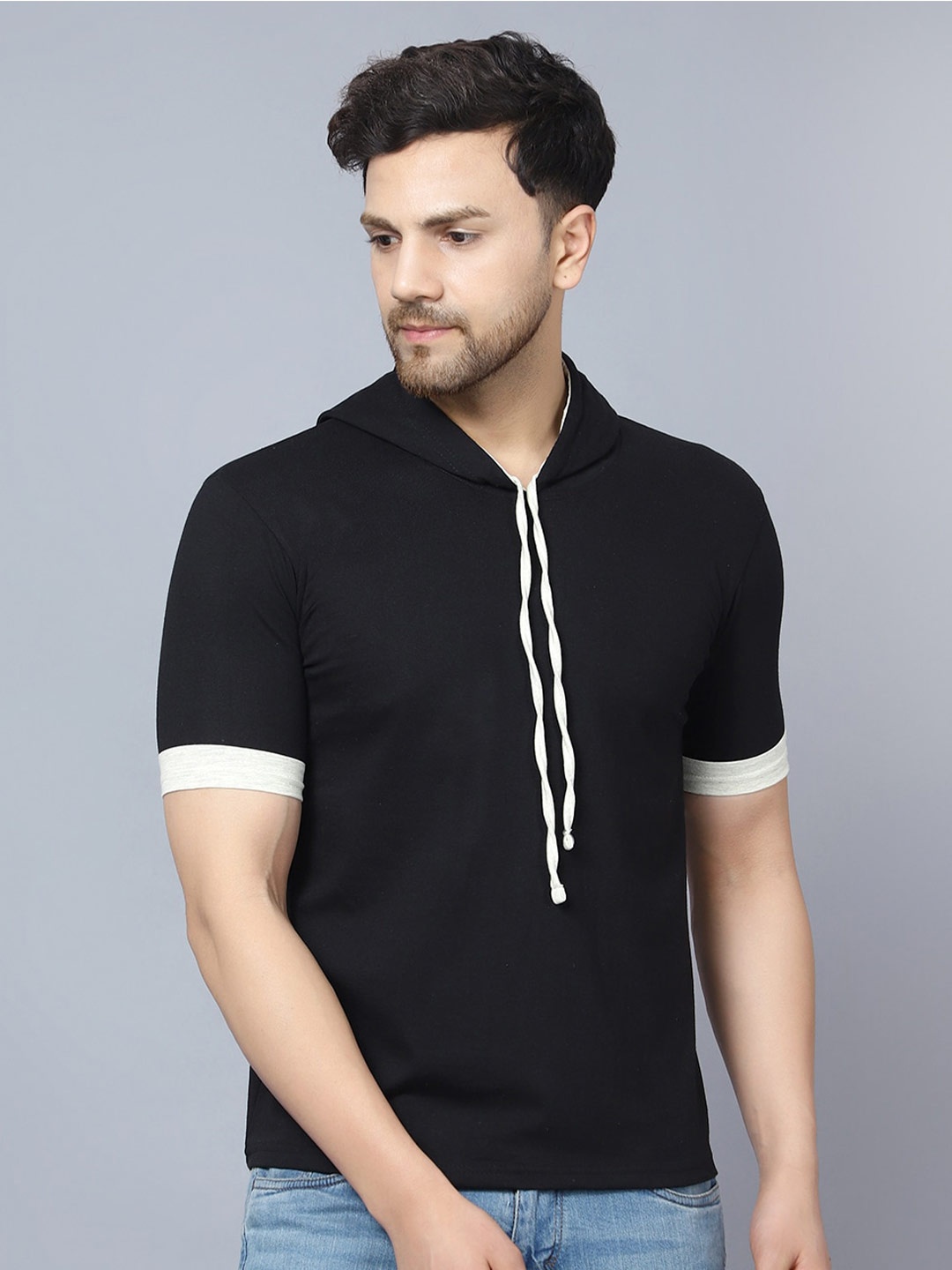 

DIAZ Short Sleeves Cotton Hooded T-shirt, Black