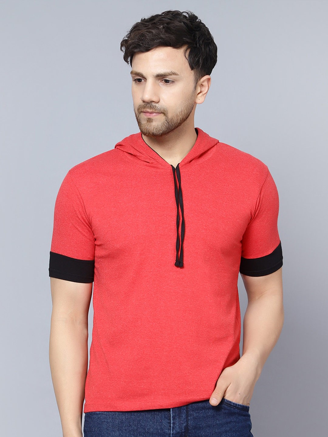 

DIAZ Short Sleeves Cotton Hooded T-shirt, Red