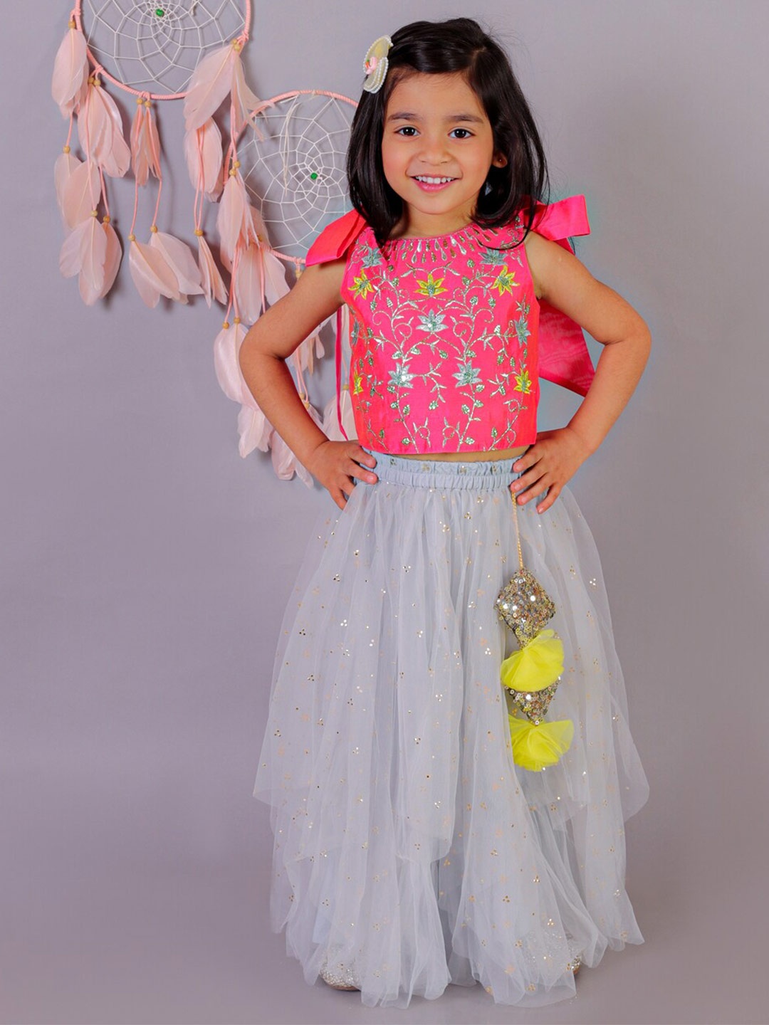 

LIL DRAMA Girls Embroidered Ready to Wear Lehenga With Blouse, Pink