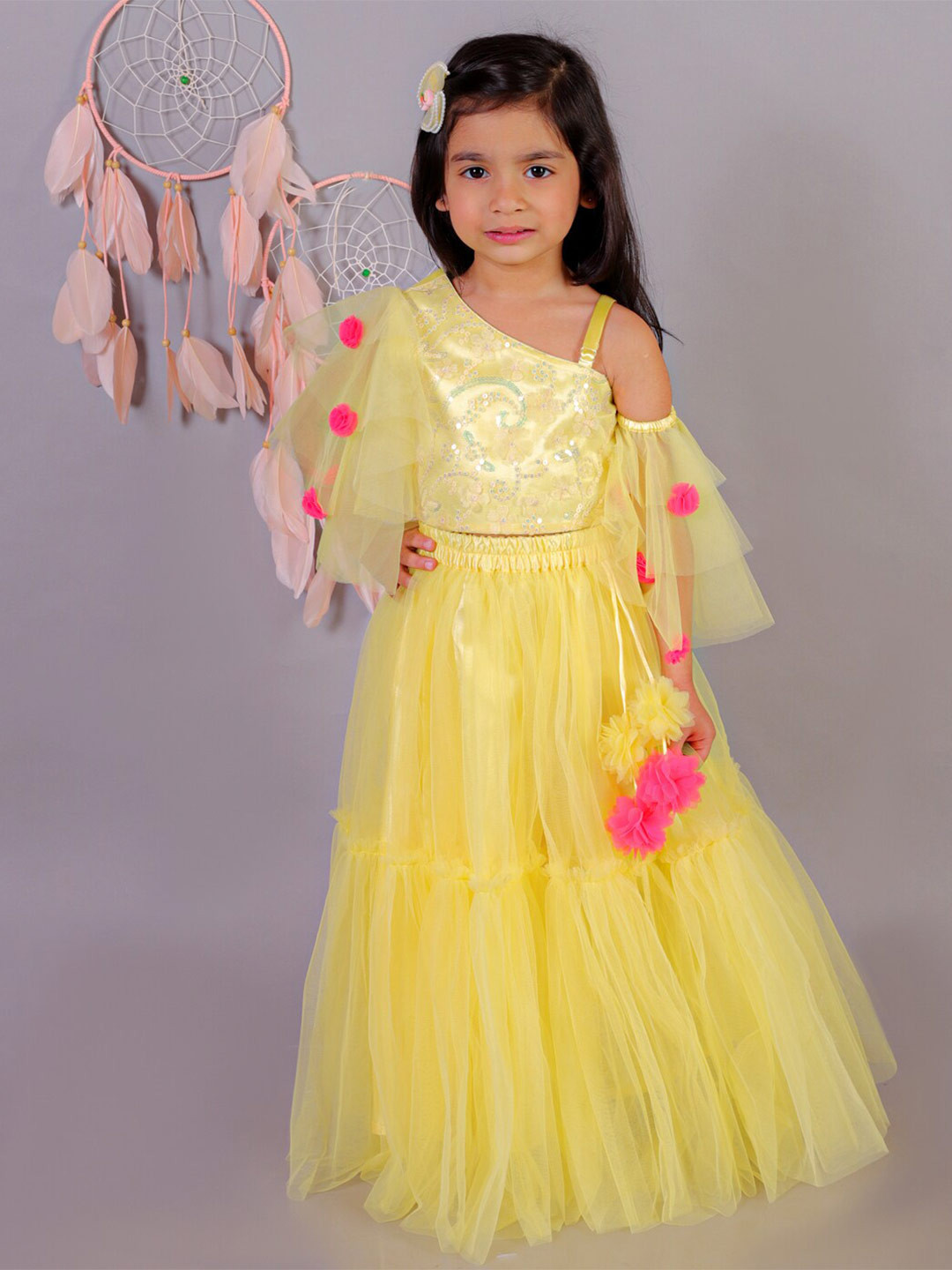 

LIL DRAMA Girls Embroidered Ready to Wear Lehenga With Blouse, Yellow