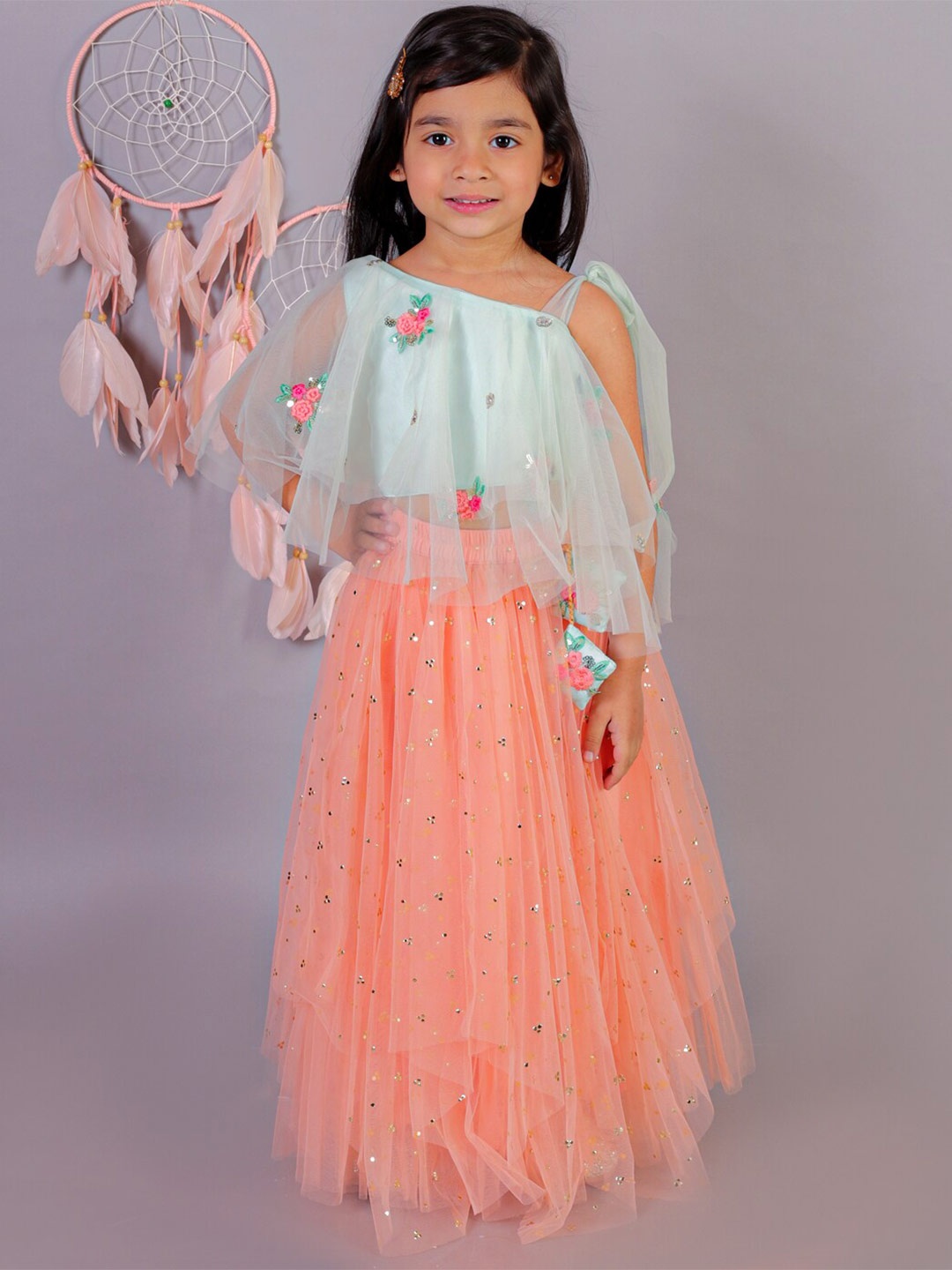 

LIL DRAMA Girls Embroidered Ready to Wear Lehenga With Blouse, Peach