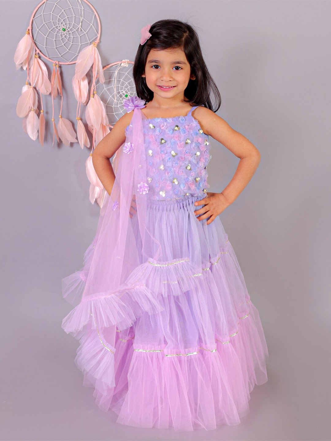 

LIL DRAMA Girls Embroidered Ready to Wear Lehenga With Blouse & Dupatta, Lavender