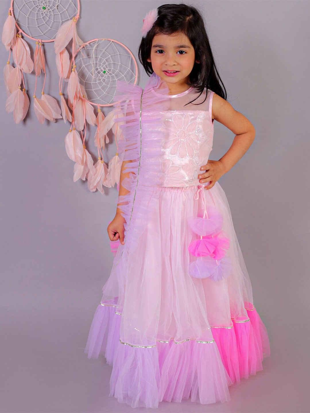 

LIL DRAMA Girls Embroidered Ready to Wear Lehenga With Blouse & Dupatta, Pink