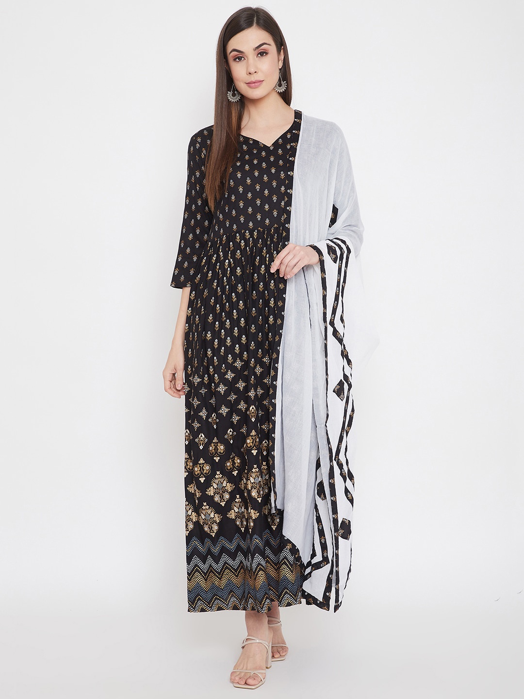 

Prakhya Ethnic Motifs Printed Pleated A-Line Kurta, Black