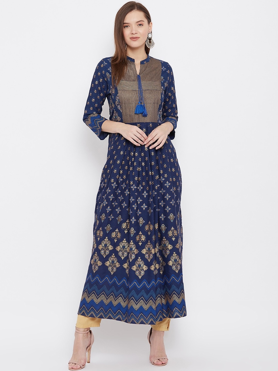 

Prakhya Ethnic Motifs Printed Band Collar Pleated Anarkali Kurta, Blue