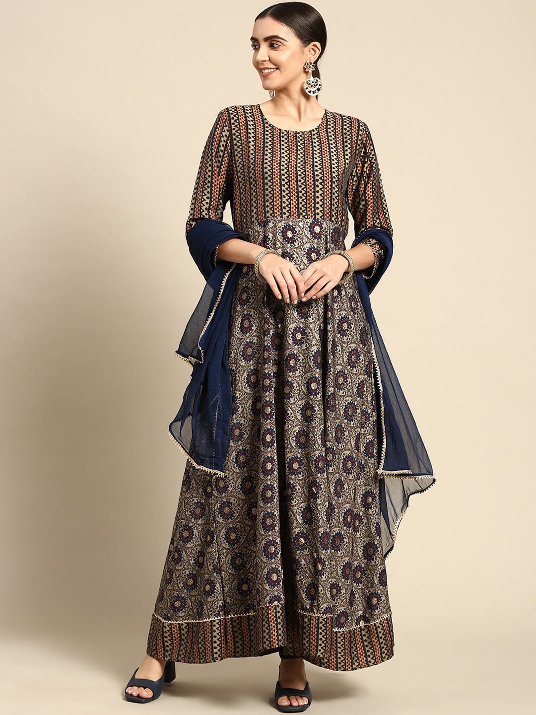 

Prakhya Ethnic Motifs Printed Panelled Pure Silk Anarkali Kurta with Dupatta, Blue