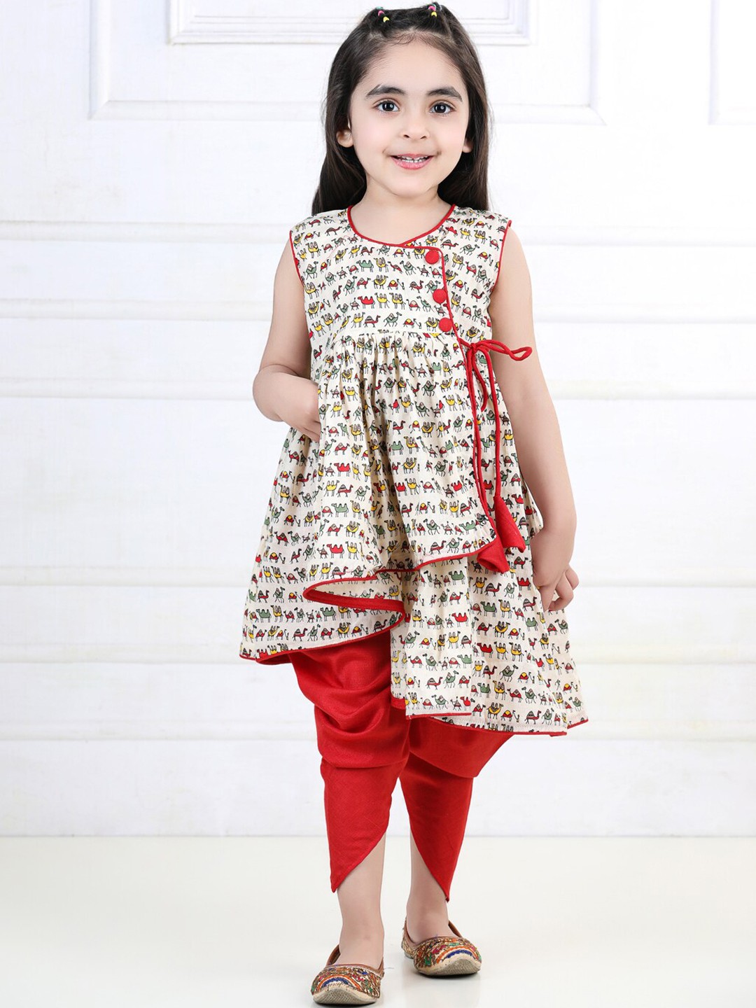 

Here&Now X Kinder Kids Girls Ethnic Motifs Printed Pure Cotton Kurta with Dhoti Pants, Red