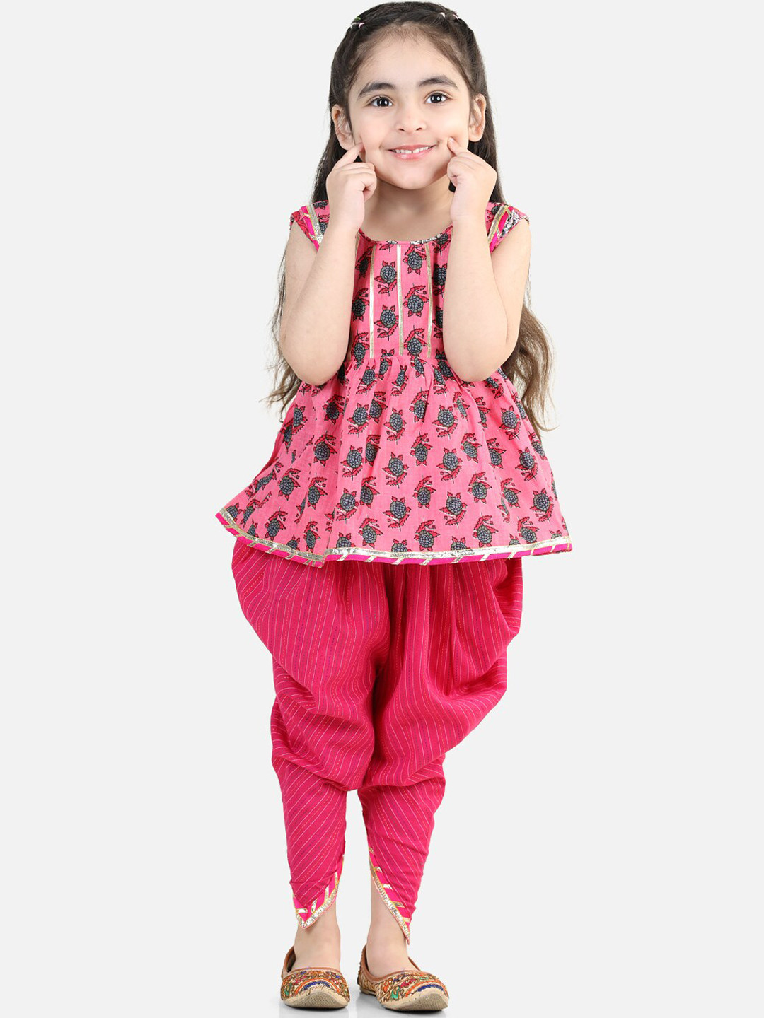 

Kinder Kids Girls Floral Printed A-Line Pure Cotton Kurti with Dhoti Pants, Pink