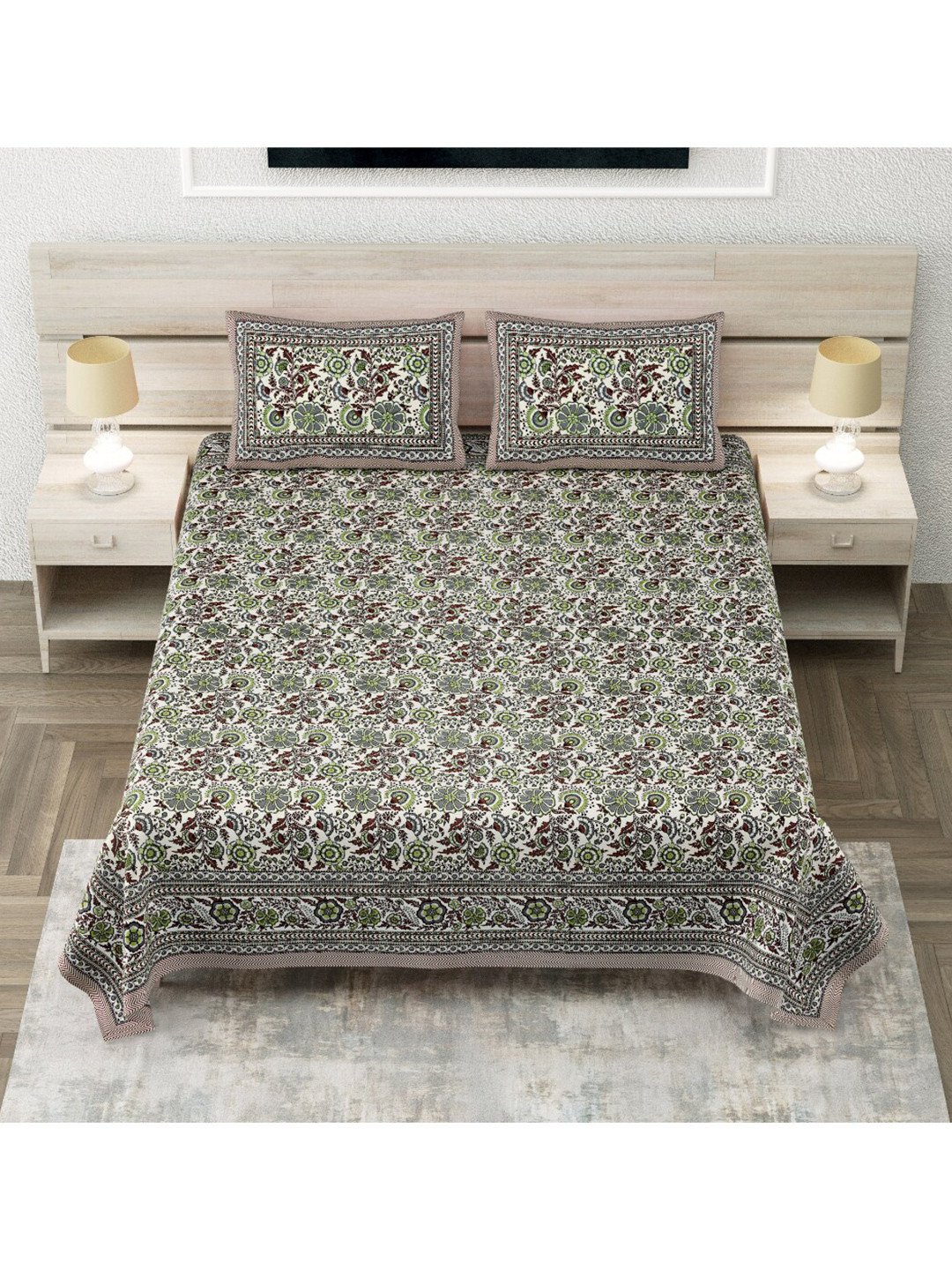 

INDHOME LIFE White & Grey Floral 260 TC Pure Cotton King Bedsheet with 2 Pillow Covers