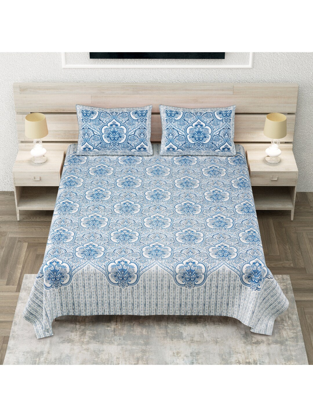 

INDHOME LIFE Blue & White Ethnic Motifs 260 TC Pure Cotton King Bedsheet & 2 Pillow Covers