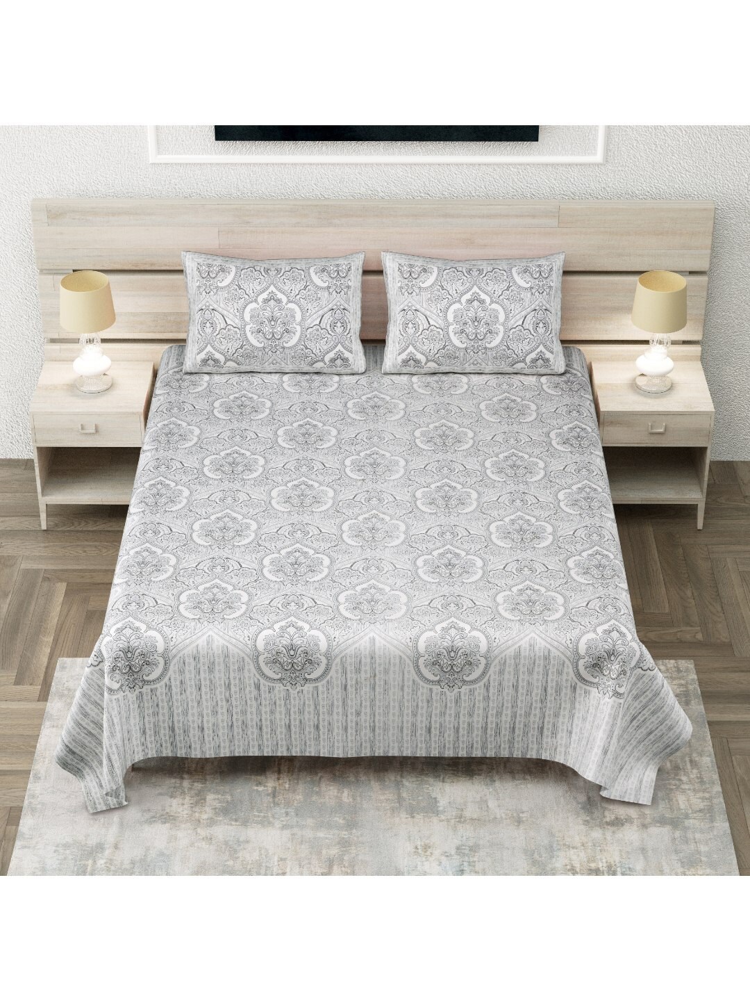 

INDHOME LIFE Grey & White Ethnic Motifs 260 TC Pure Cotton King Bedsheet & 2 Pillow Covers