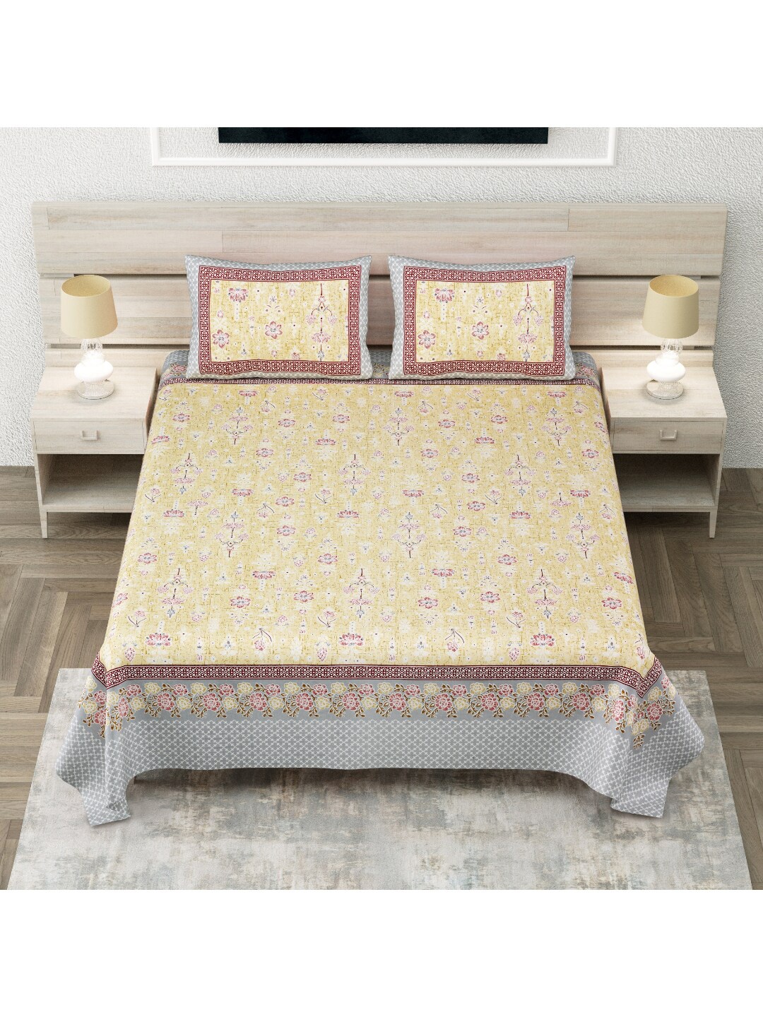 

INDHOME LIFE Yellow & Pink Floral 260 TC Pure Cotton King Bedsheet with 2 Pillow Covers