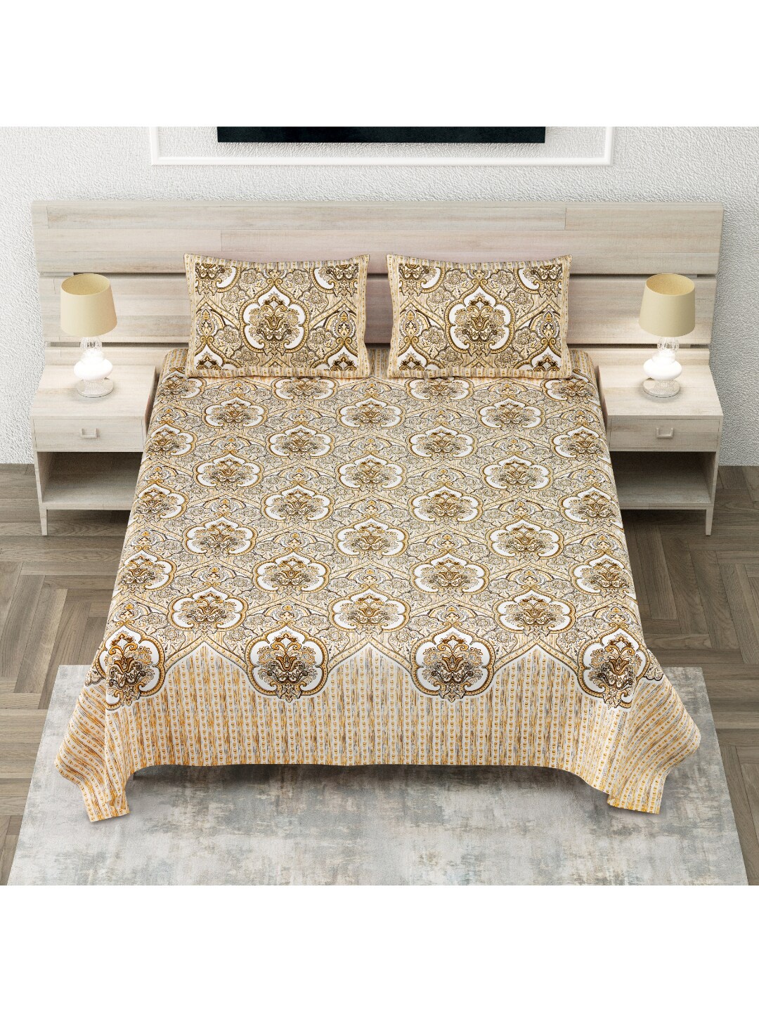 

INDHOME LIFE Beige & White Ethnic Motif 260 TC Pure Cotton King Bedsheet & 2 Pillow Covers