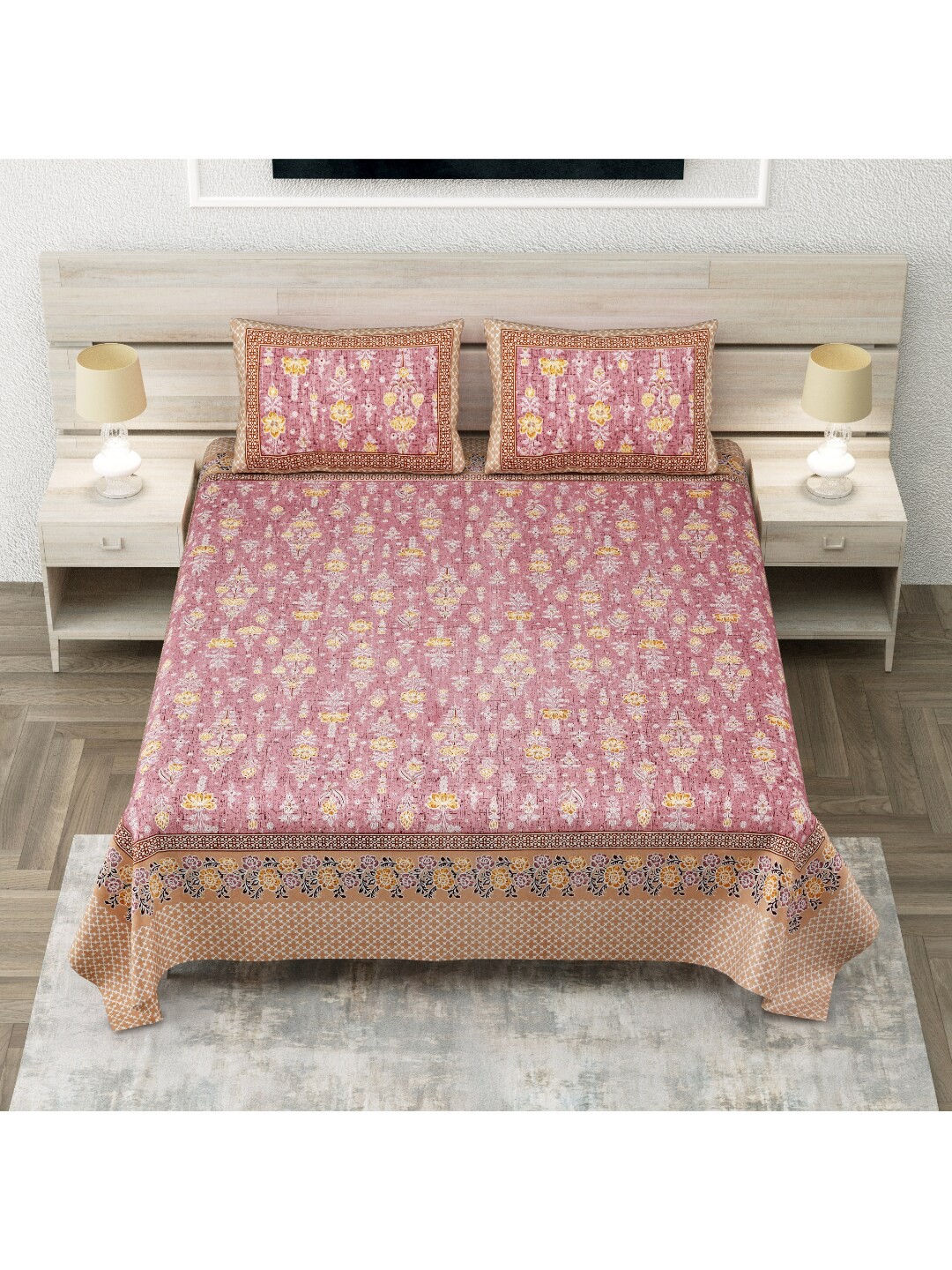 

INDHOME LIFE Pink & Brown Floral 260 TC Pure Cotton King Bedsheet with 2 Pillow Covers