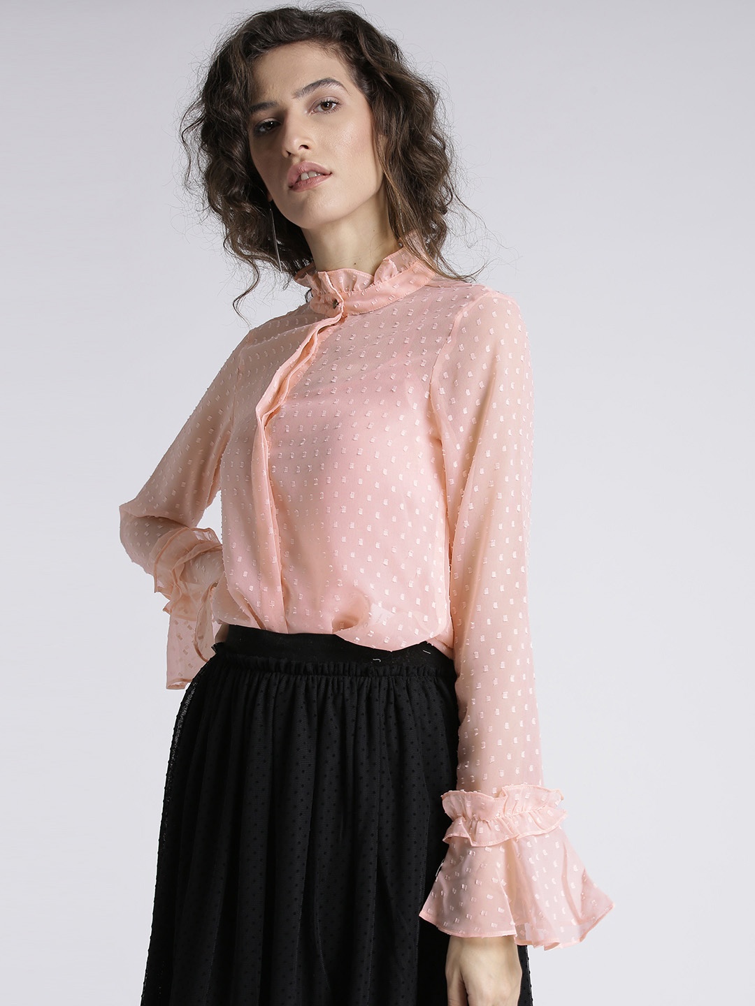 

Chemistry Women Peach-Coloured Self-Design Semi-Sheer Shirt