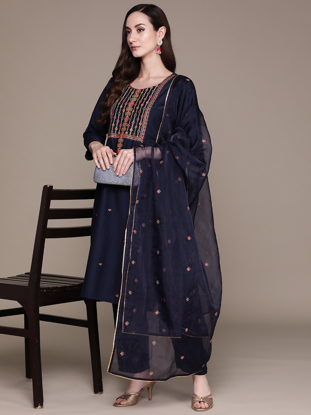 

Ishin Floral Embroidered Regular Kurta with Trousers & With Dupatta, Navy blue