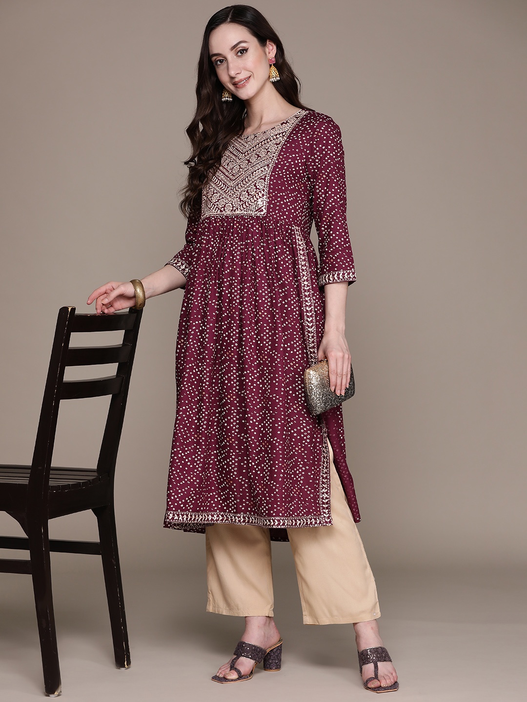 

Ishin Ethnic Motifs Yoke Design Pleated Bandhani Printed Kurta, Magenta