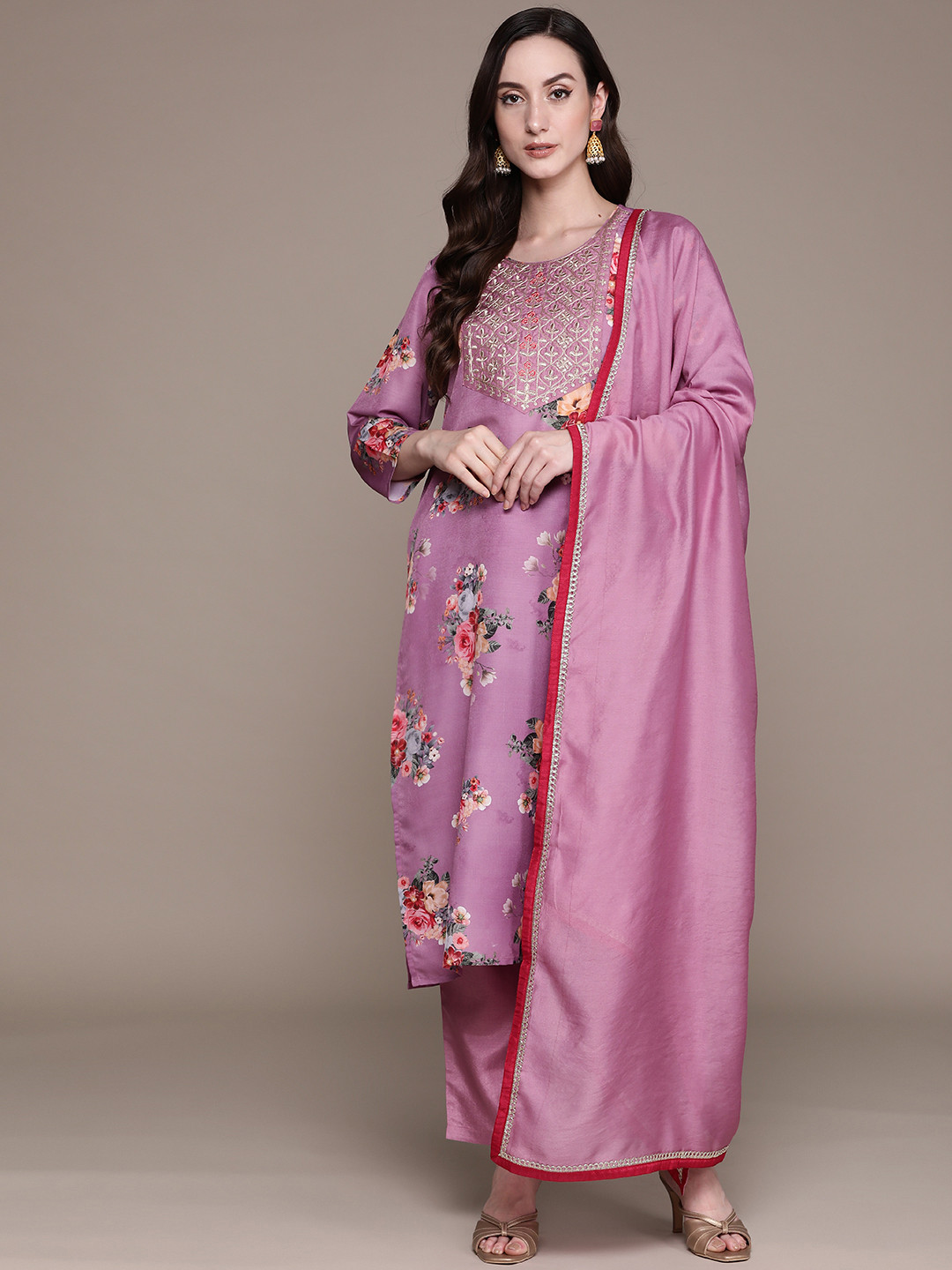 

Ishin Floral Yoke Design Regular Kurta with Trousers & With Dupatta, Purple