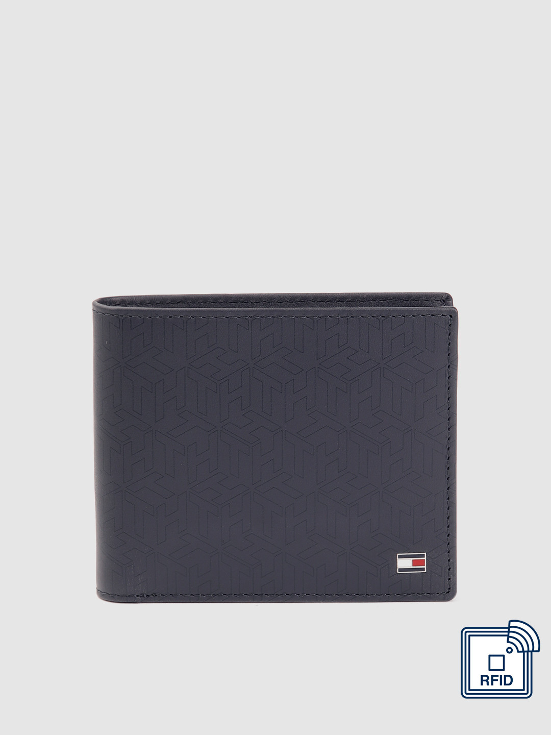 

Tommy Hilfiger Men Typography Printed Leather Two Fold Wallet, Navy blue