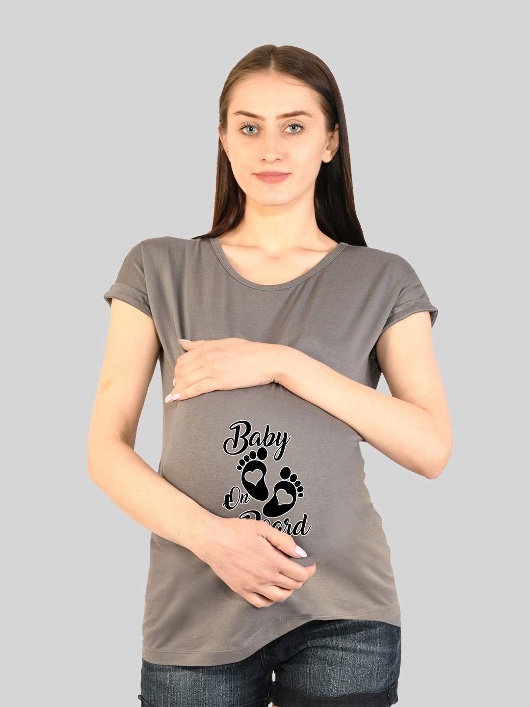 

SillyBoom Typography Printed Dolman sleeves Cotton Maternity T-shirt, Grey