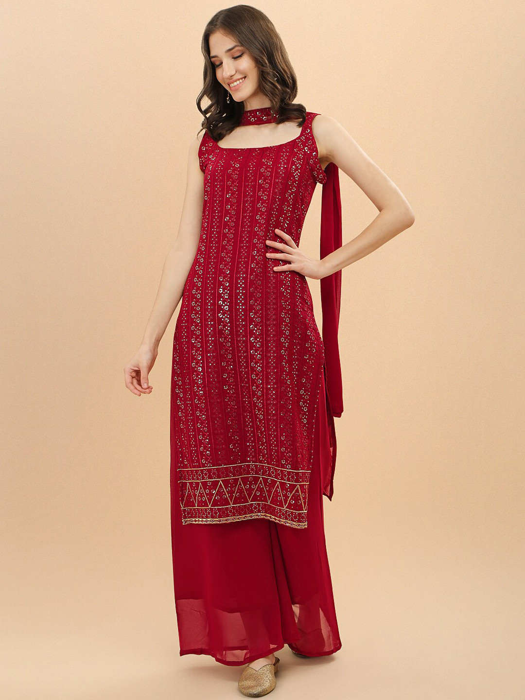 

FASHION YOU Embroidered Square Neck Sequinned Kurta With Palazzos & Dupatta, Red