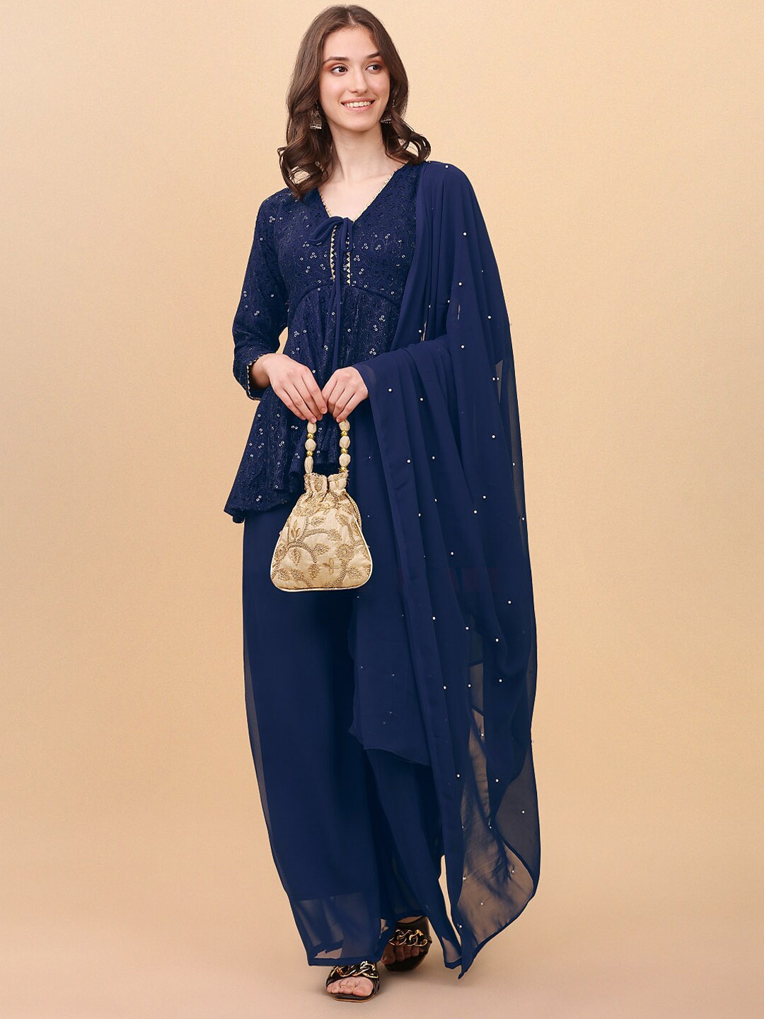 

FASHION YOU Ethnic Motifs Embroidered Sequinned A-Line Kurti with Sharara & Dupatta, Navy blue