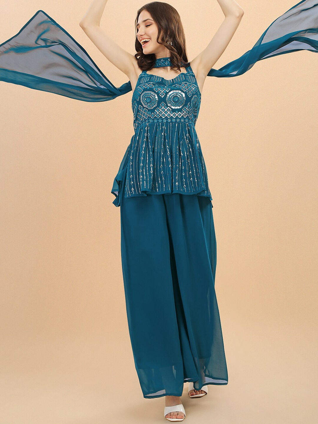 

FASHION YOU Ethnic Motifs Embroidered Sequinned Kurti With Sharara & Dupatta, Teal