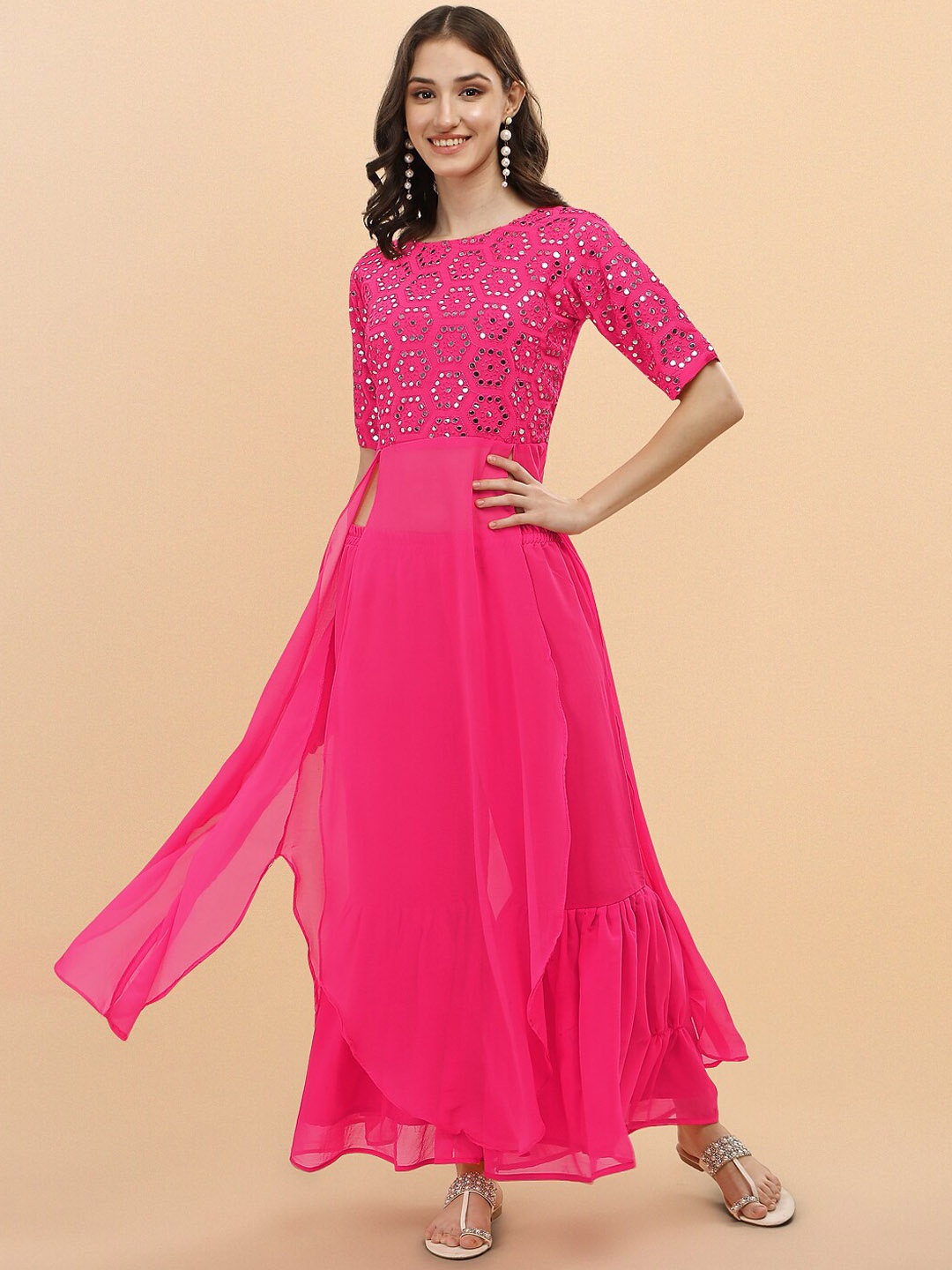 

FASHION YOU Embroidered High Slit Mirror Work Kurta With Sharara, Pink