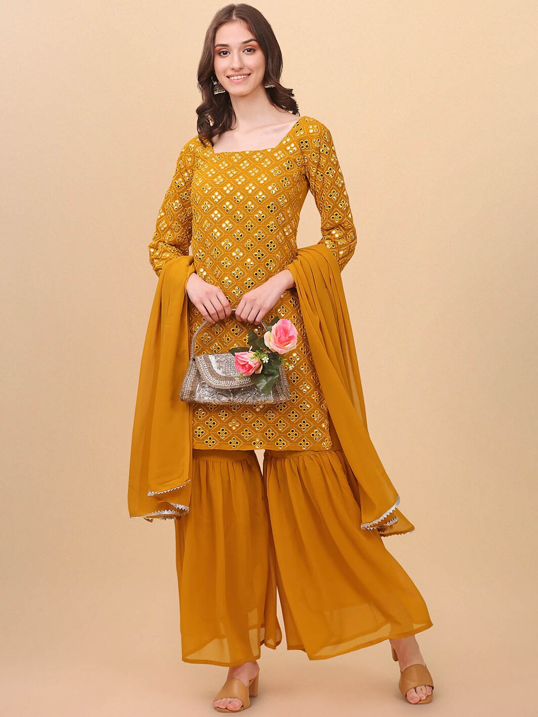 

FASHION YOU Ethnic Motifs Embroidered Mirror Work Kurta With Sharara & Dupatta, Gold