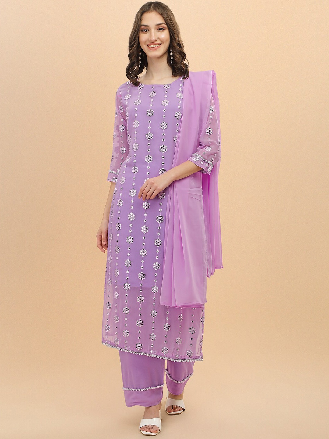 

FASHION YOU Embroidered Mirror Work Kurta With Trousers & Dupatta, Purple