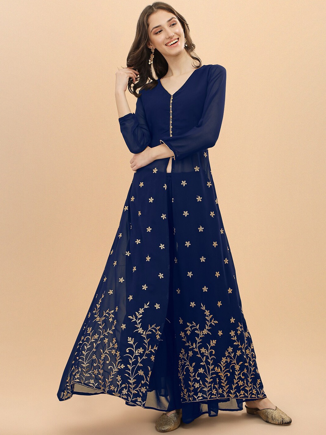 

FASHION YOU Floral Embroidered High Slit Thread Work Kurta With Sharara, Blue