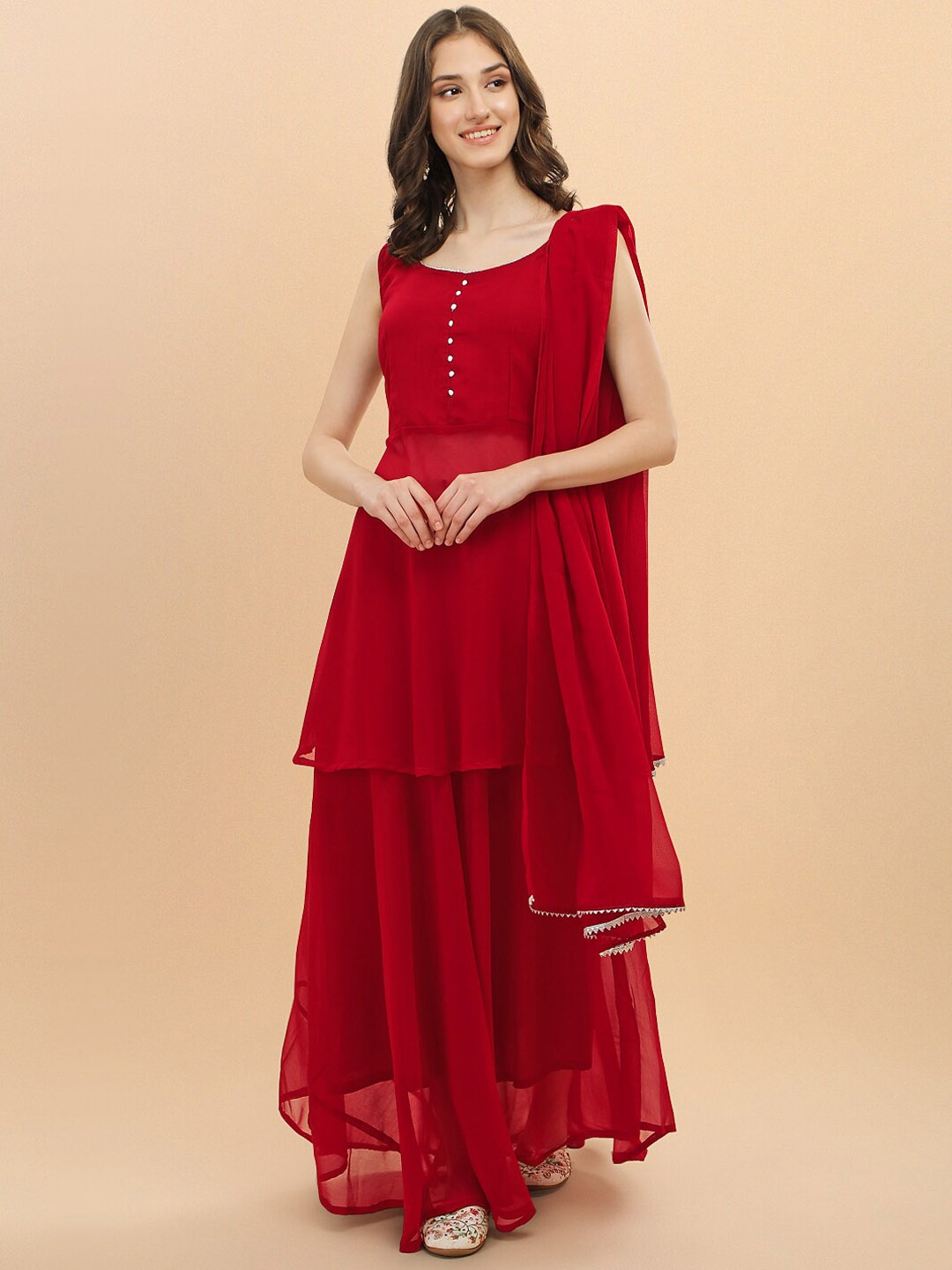 

FASHION YOU Sleeveless Gotta Patti Kurta With Sharara & Dupatta, Red