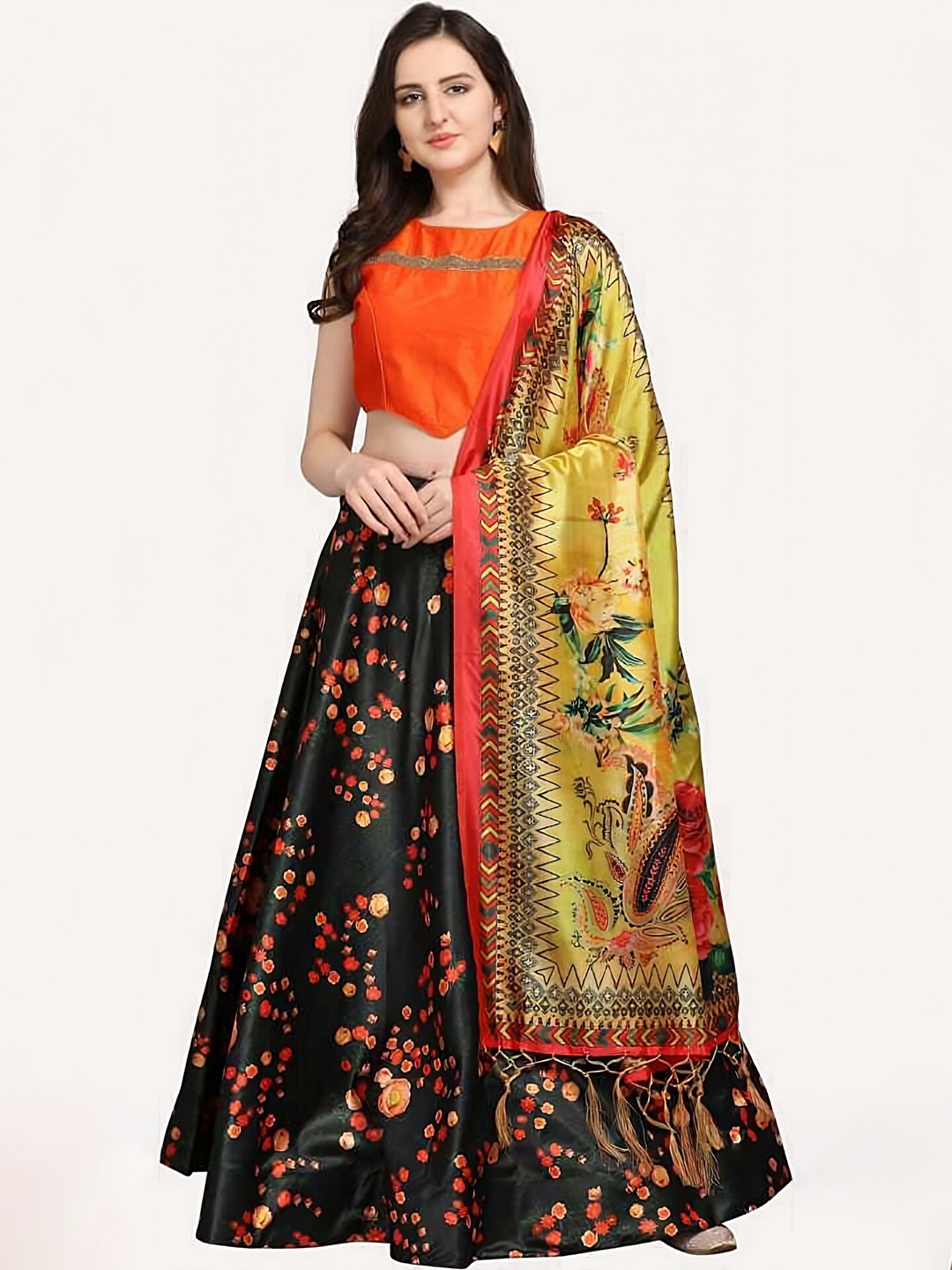 

Kaizen TEXO FAB Floral Printed Semi-Stitched Lehenga & Unstitched Blouse With Dupatta, Black