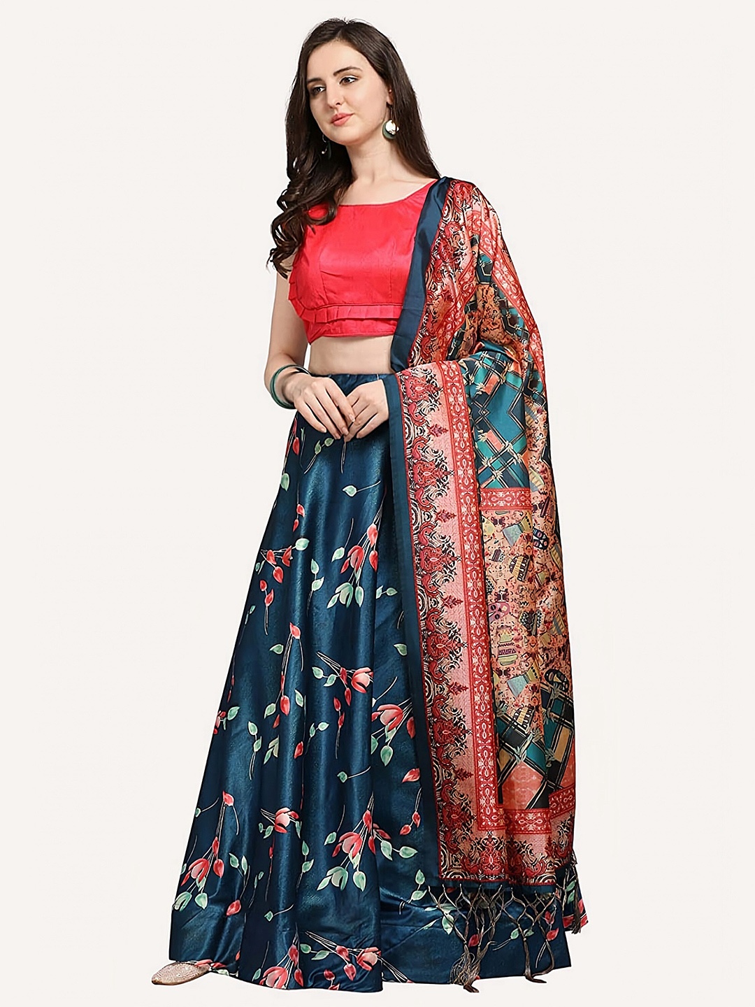 

Kaizen TEXO FAB Floral Printed Semi-Stitched Lehenga & Unstitched Blouse With Dupatta, Blue