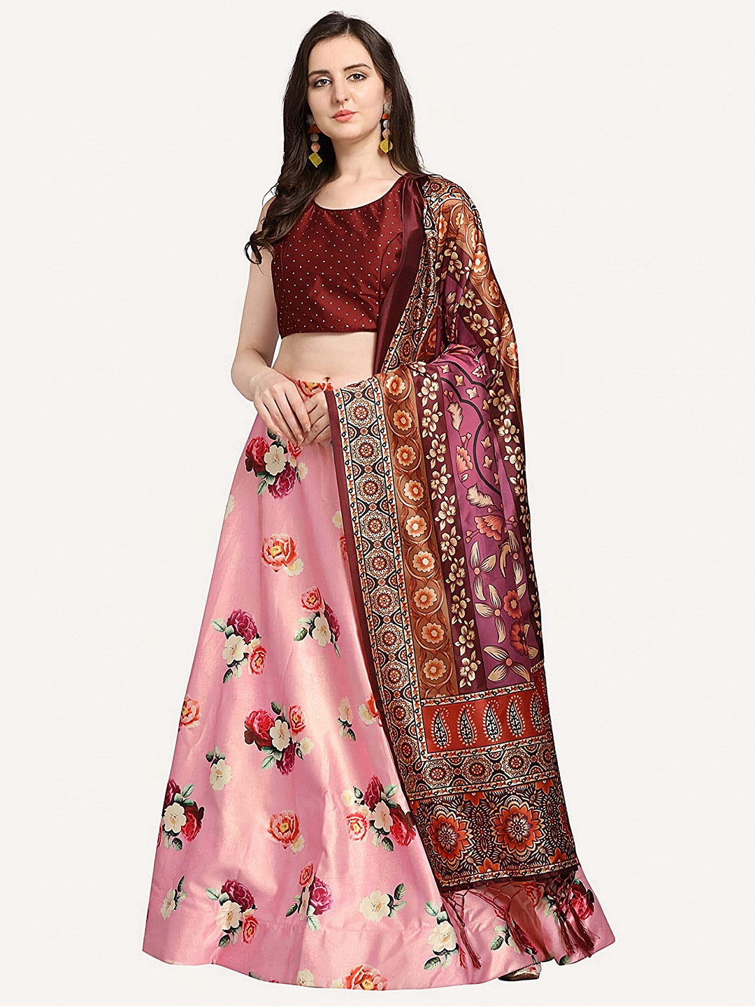 

Kaizen TEXO FAB Floral Printed Semi-Stitched Lehenga & Unstitched Blouse With Dupatta, Pink