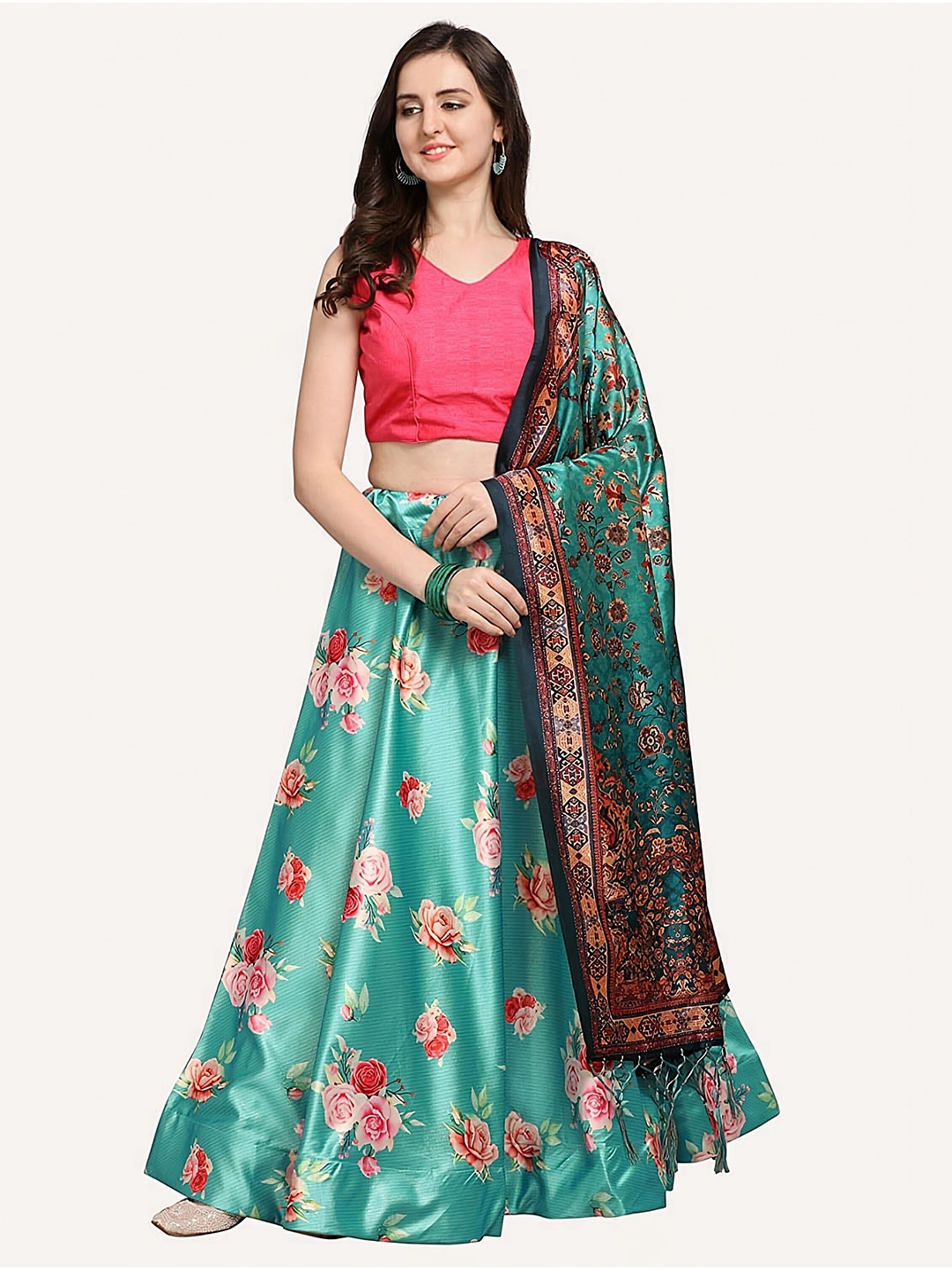 

Kaizen TEXO FAB Floral Printed Semi-Stitched Lehenga & Unstitched Blouse With Dupatta, Teal