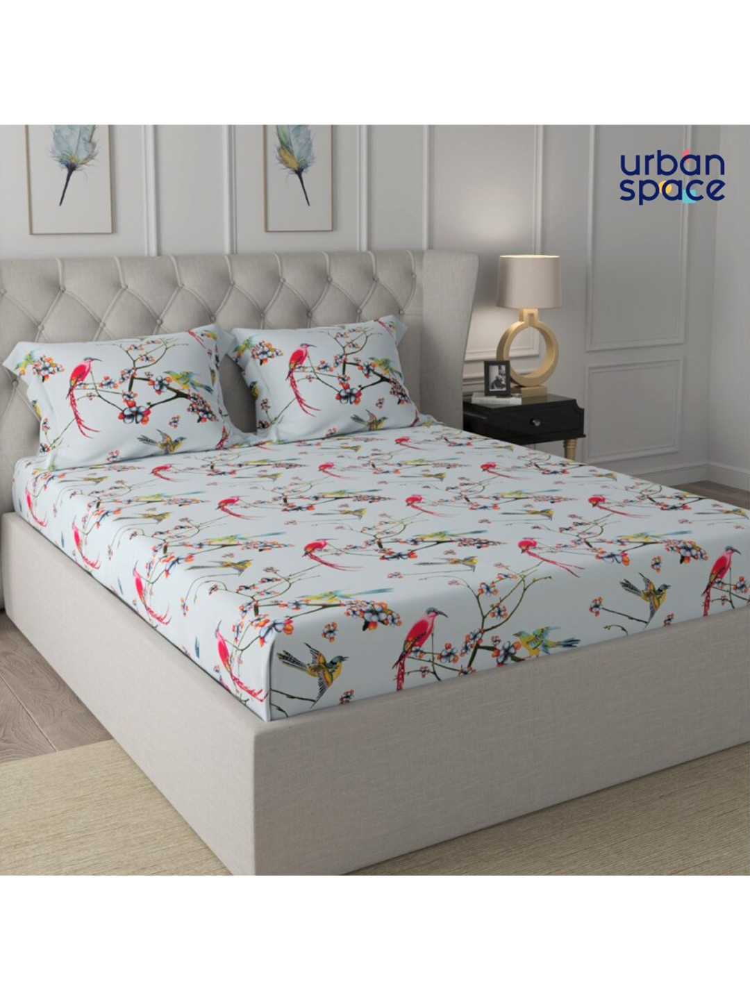 

URBAN SPACE Serene Turquoise & Pink Floral 200TC Cotton Queen Bedsheet & Pillow Covers, Turquoise blue