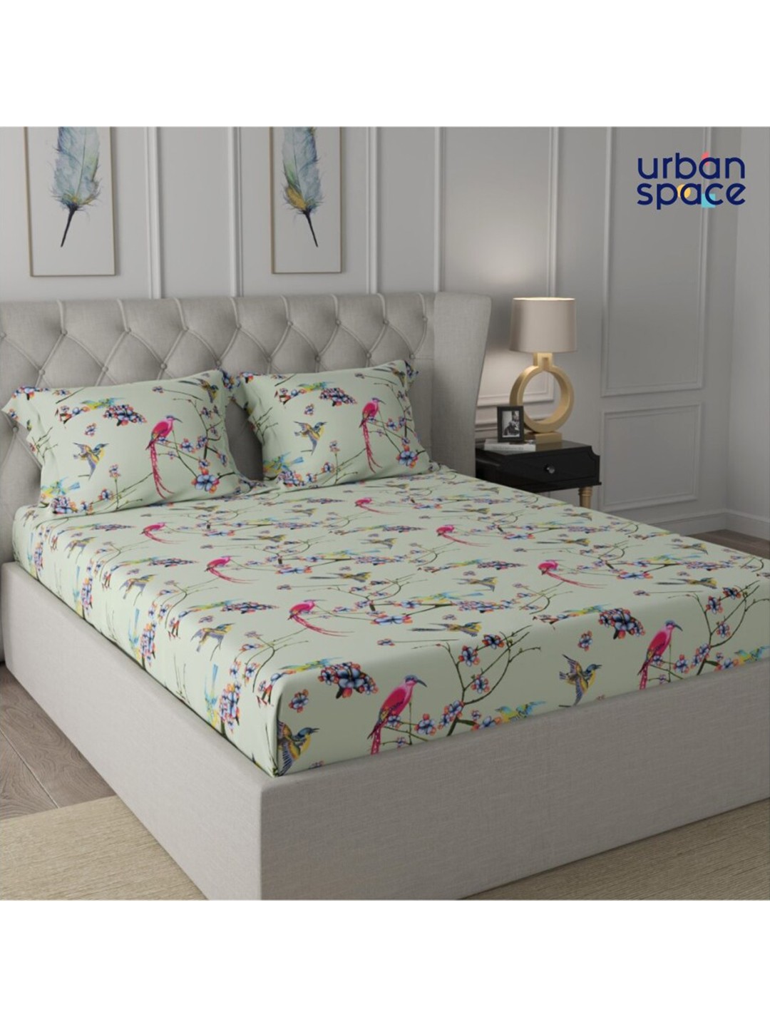 

URBAN SPACE Serene Green & Blue Floral 200 TC Pure Cotton Queen Bedsheet & 2 Pillow Covers