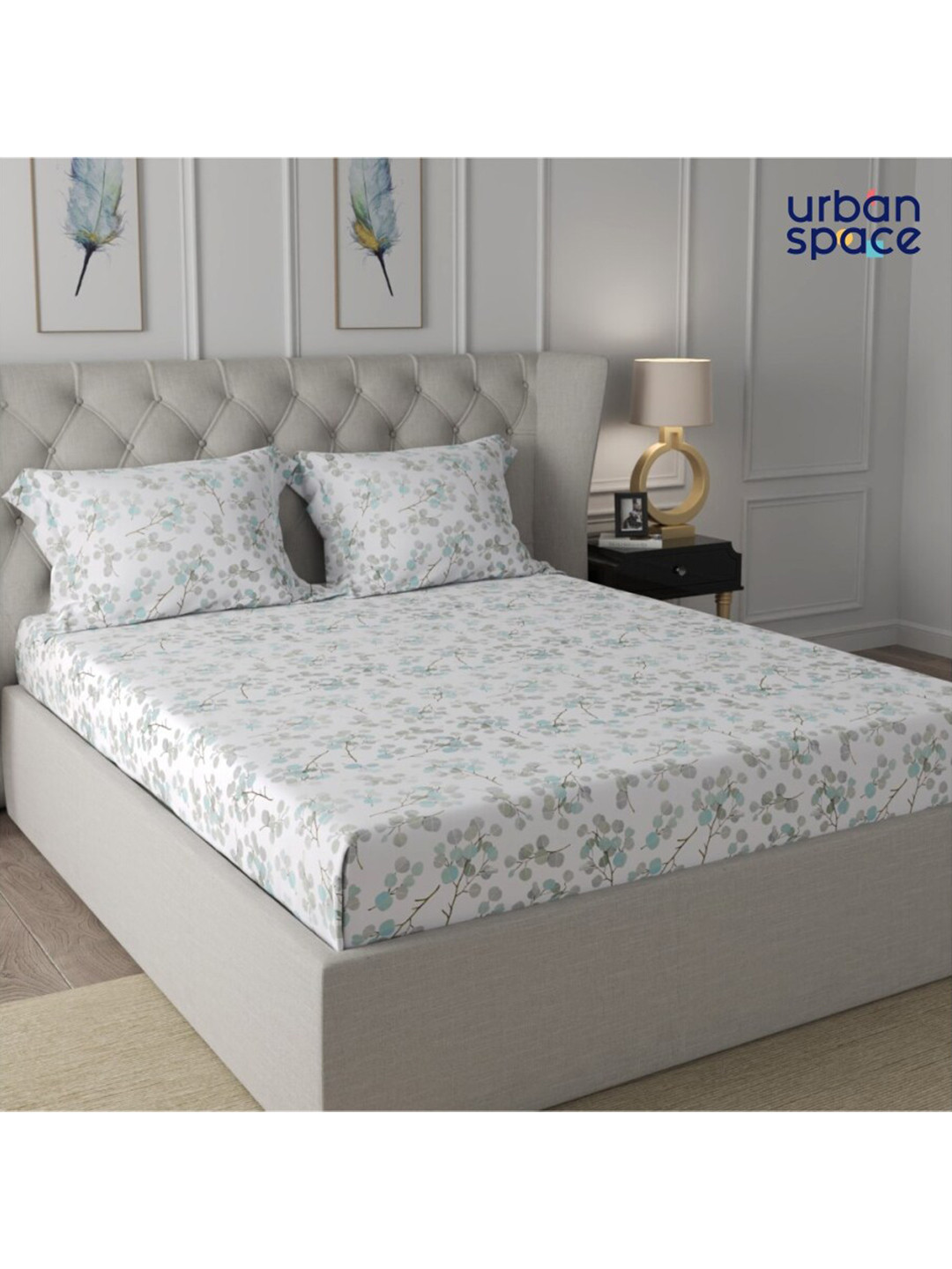

URBAN SPACE Serene Off White & Green Floral 200 TC Cotton Queen Bedsheet & Pillow Covers