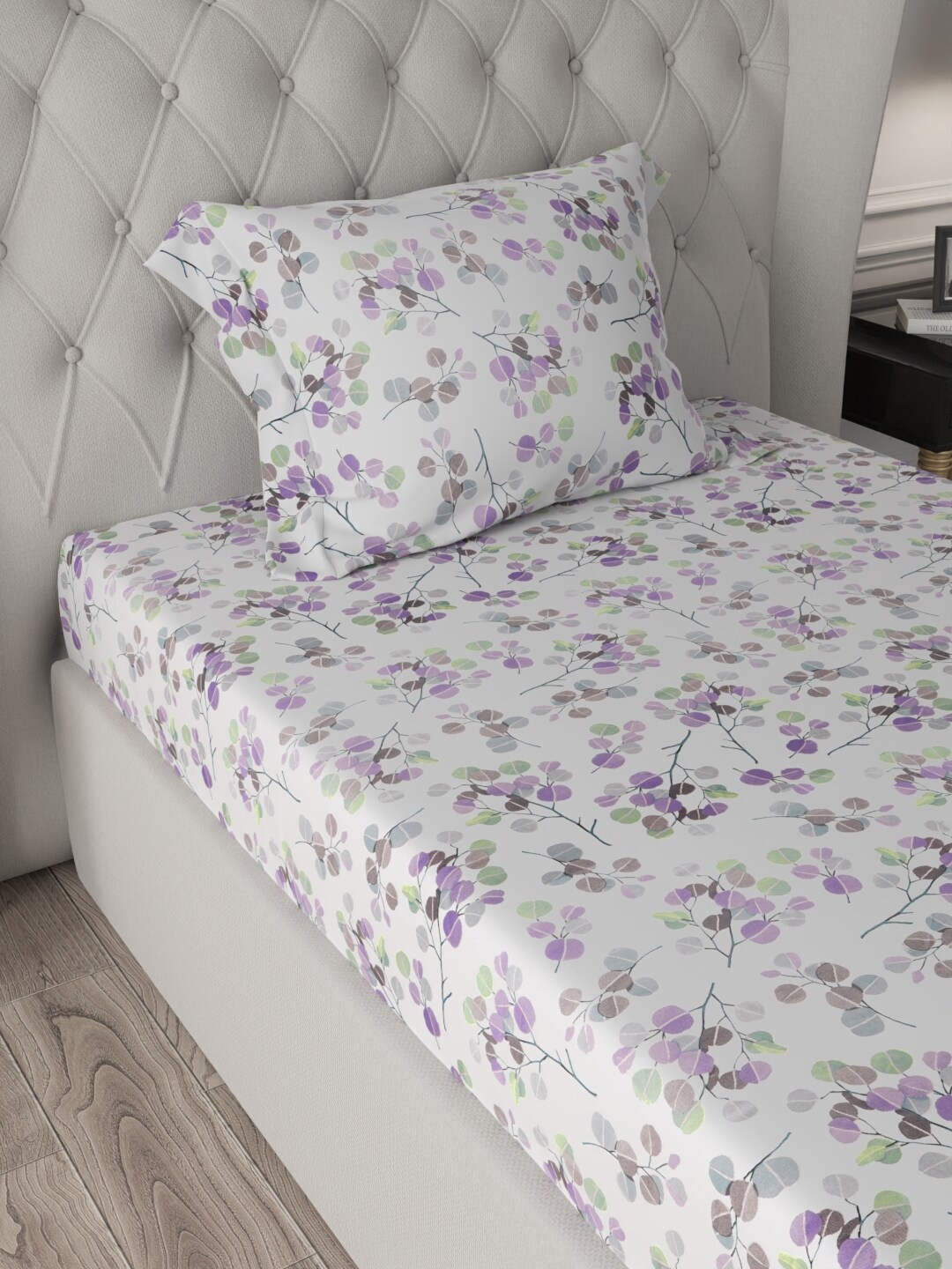 

URBAN SPACE Serene White & Purple Floral 200 TC Pure Cotton Single Bedsheet & Pillow Cover